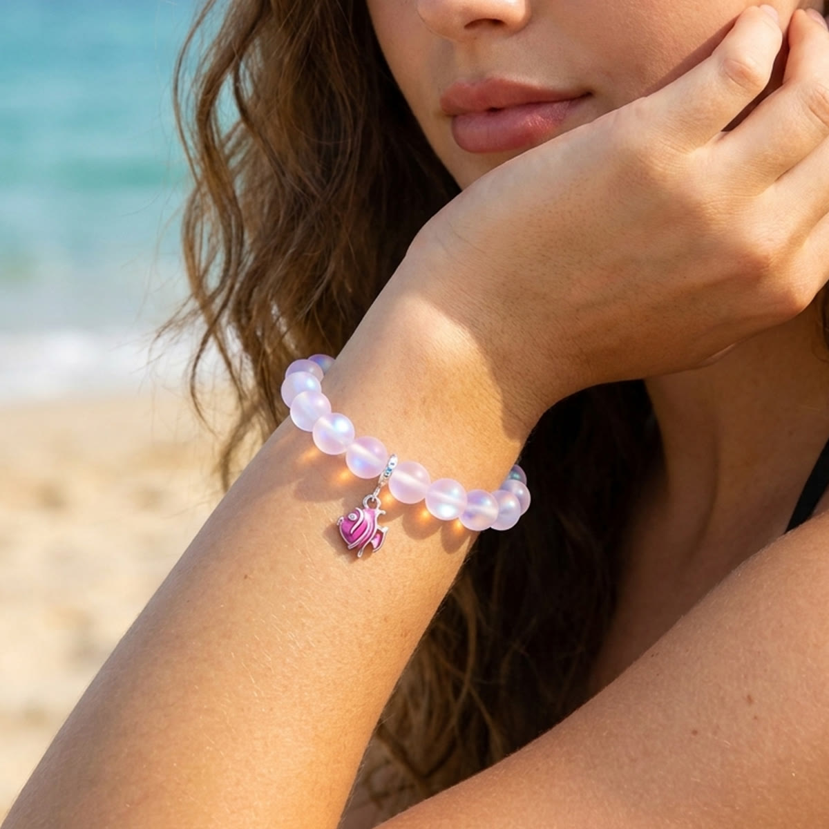 Pink Tropical Fish Bracelet - Recycled 8mm Frosted Sea Glass Beads For Ocean Conservation - image 20