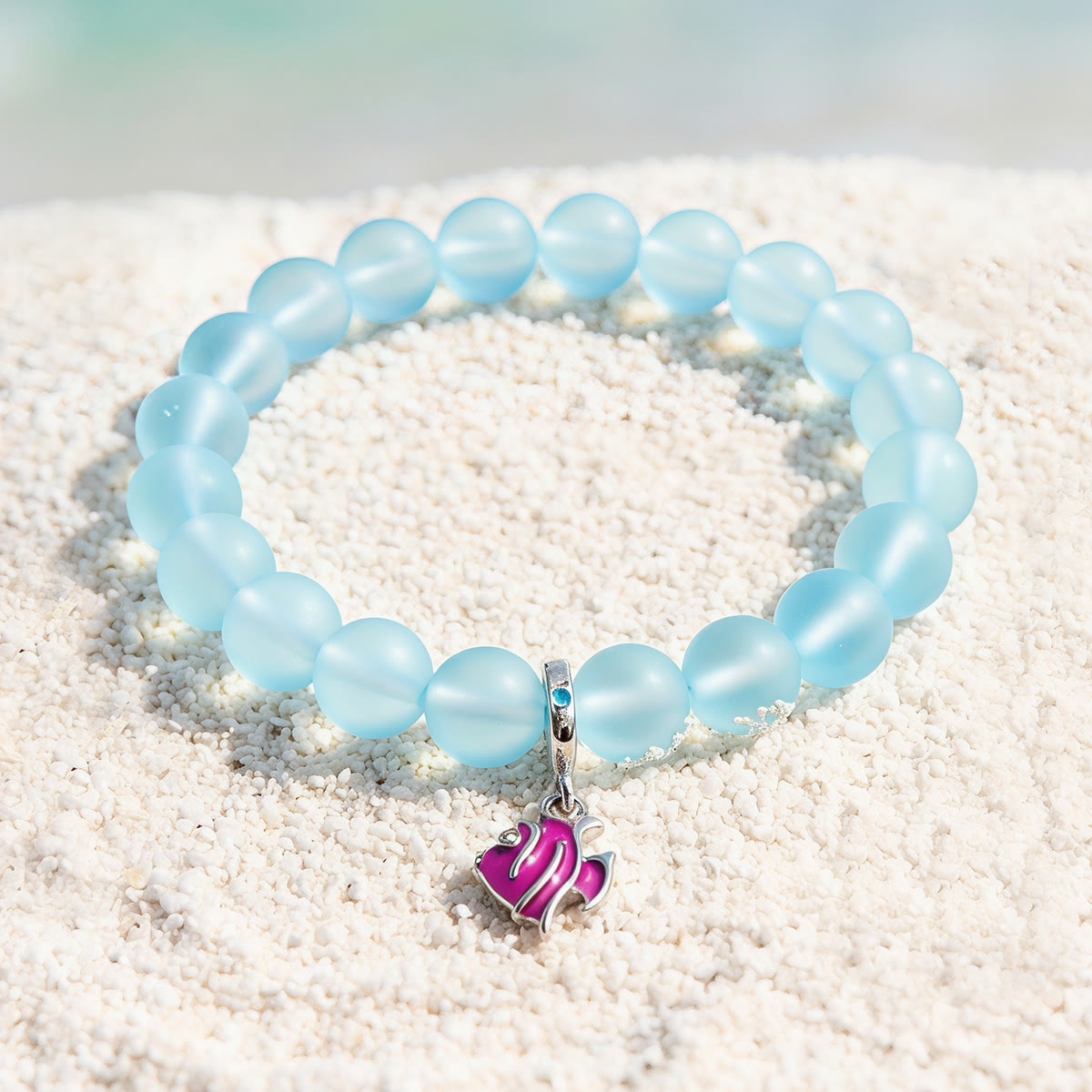 Pink Tropical Fish Bracelet - Recycled 8mm Frosted Sea Glass Beads For Ocean Conservation - Light Blue - Approx. 6.93"/17.6cm - image 7