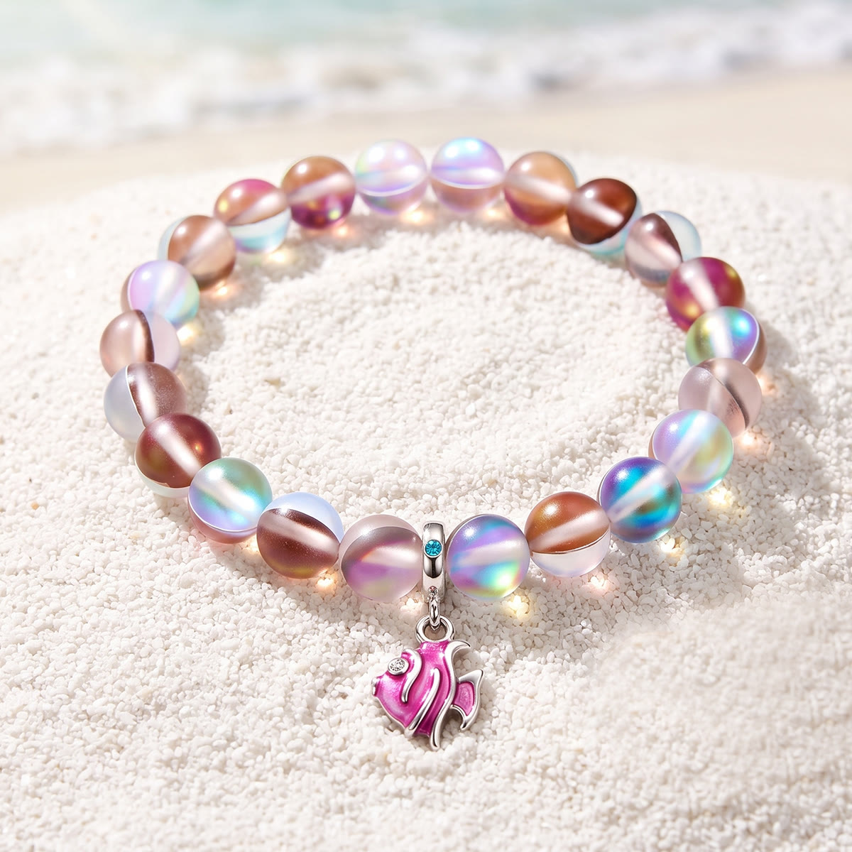 Pink Tropical Fish Bracelet - Recycled 8mm Frosted Sea Glass Beads For Ocean Conservation - Red - Approx. 6.93"/17.6cm - image 25