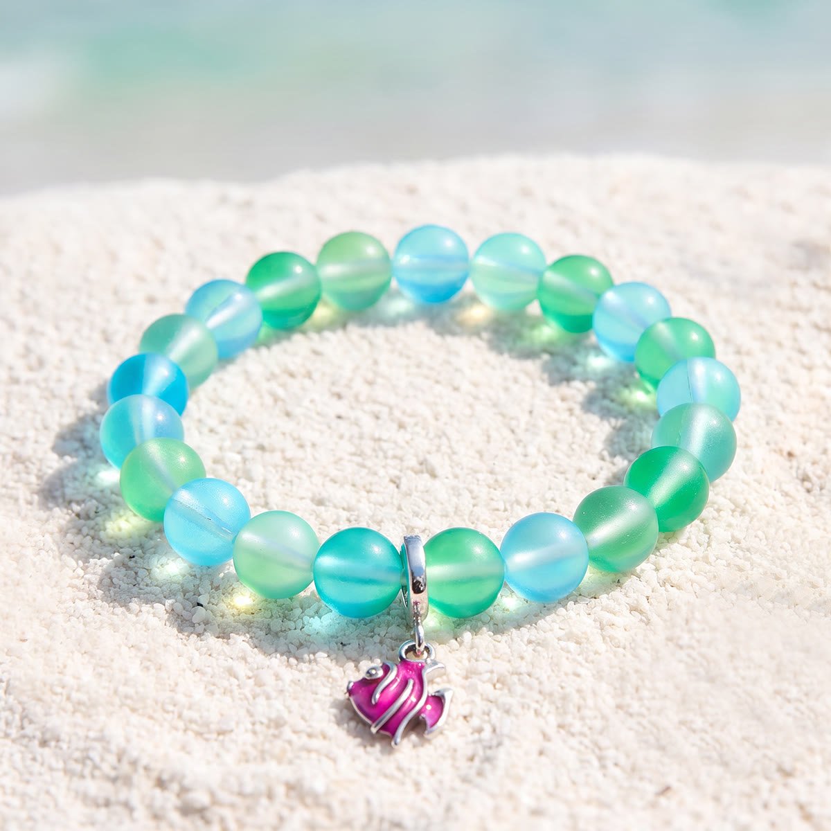 Pink Tropical Fish Bracelet - Recycled 8mm Frosted Sea Glass Beads For Ocean Conservation - Green - Approx. 6.93"/17.6cm - image 10