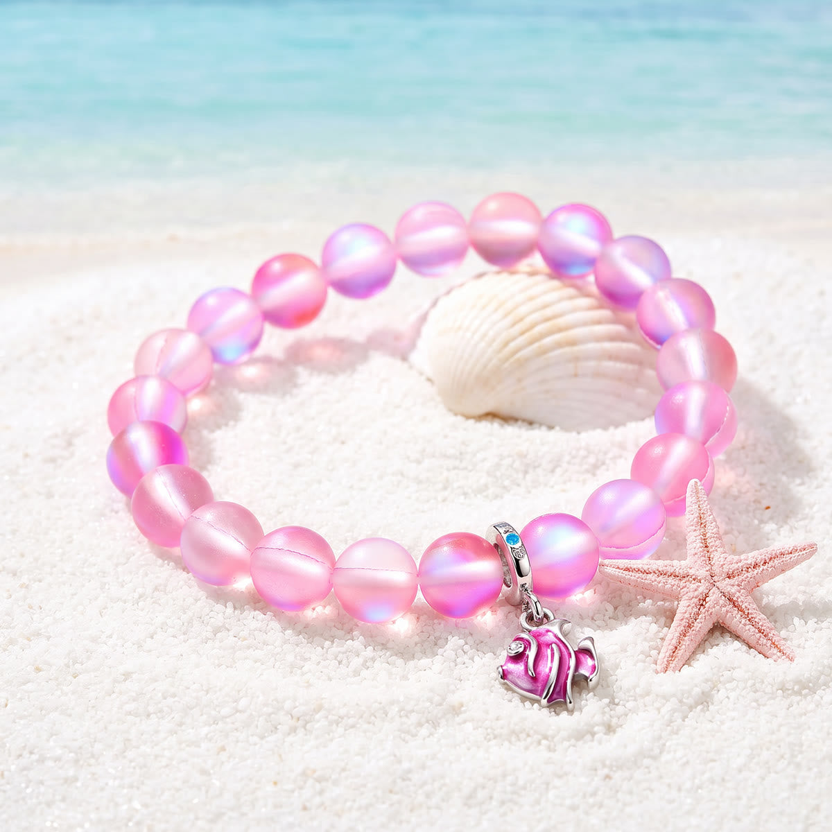 Pink Tropical Fish Bracelet - Recycled 8mm Frosted Sea Glass Beads For Ocean Conservation - image 6