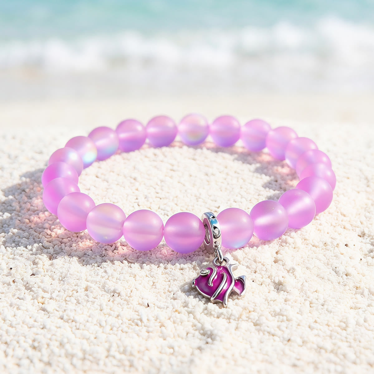 Pink Tropical Fish Bracelet - Recycled 8mm Frosted Sea Glass Beads For Ocean Conservation - Pink - Approx. 6.93"/17.6cm - image 22