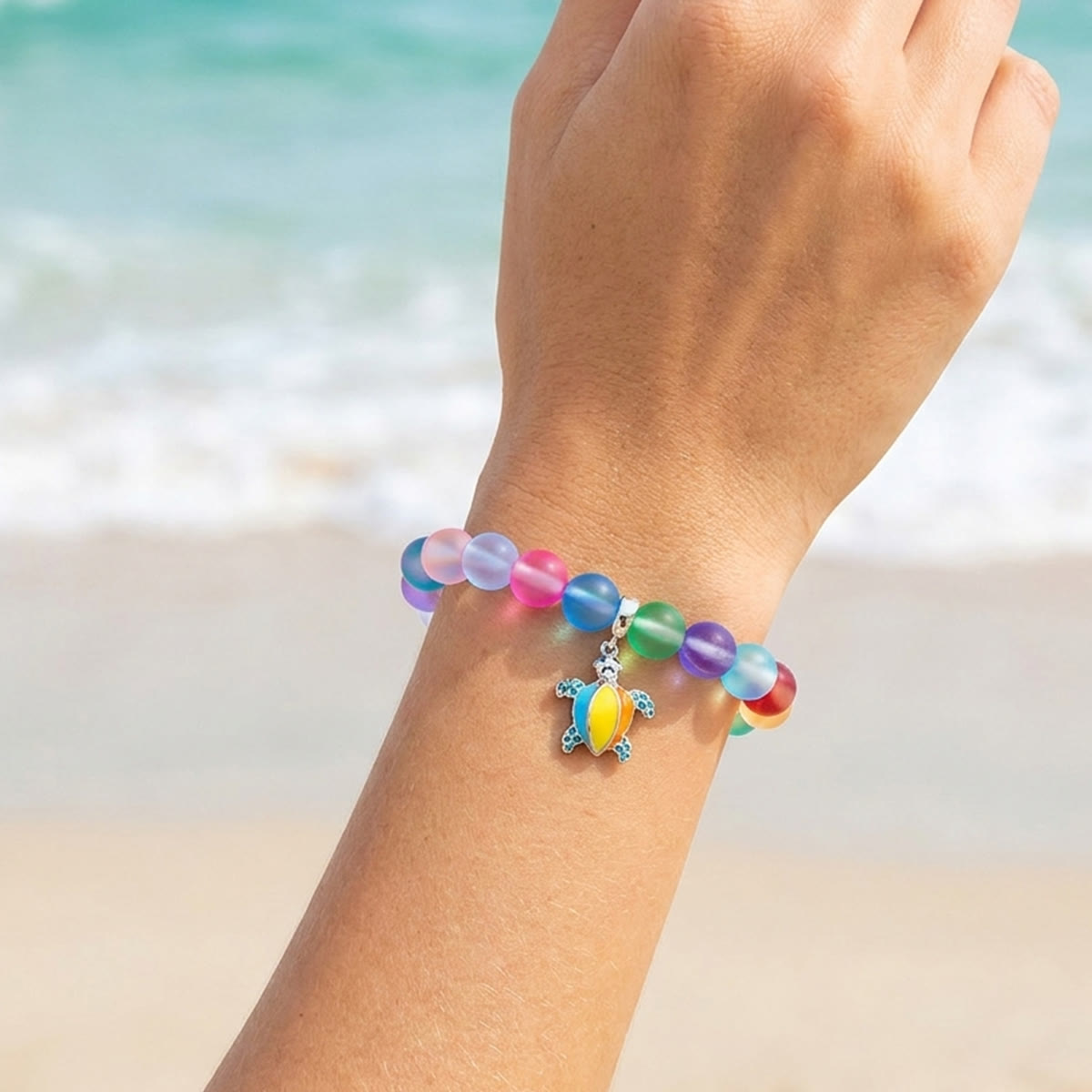 Colorful Turtle Charm Bracelet - Recycled 8mm Frosted Sea Glass Beads From Ocean Trash To Treasure - image 1