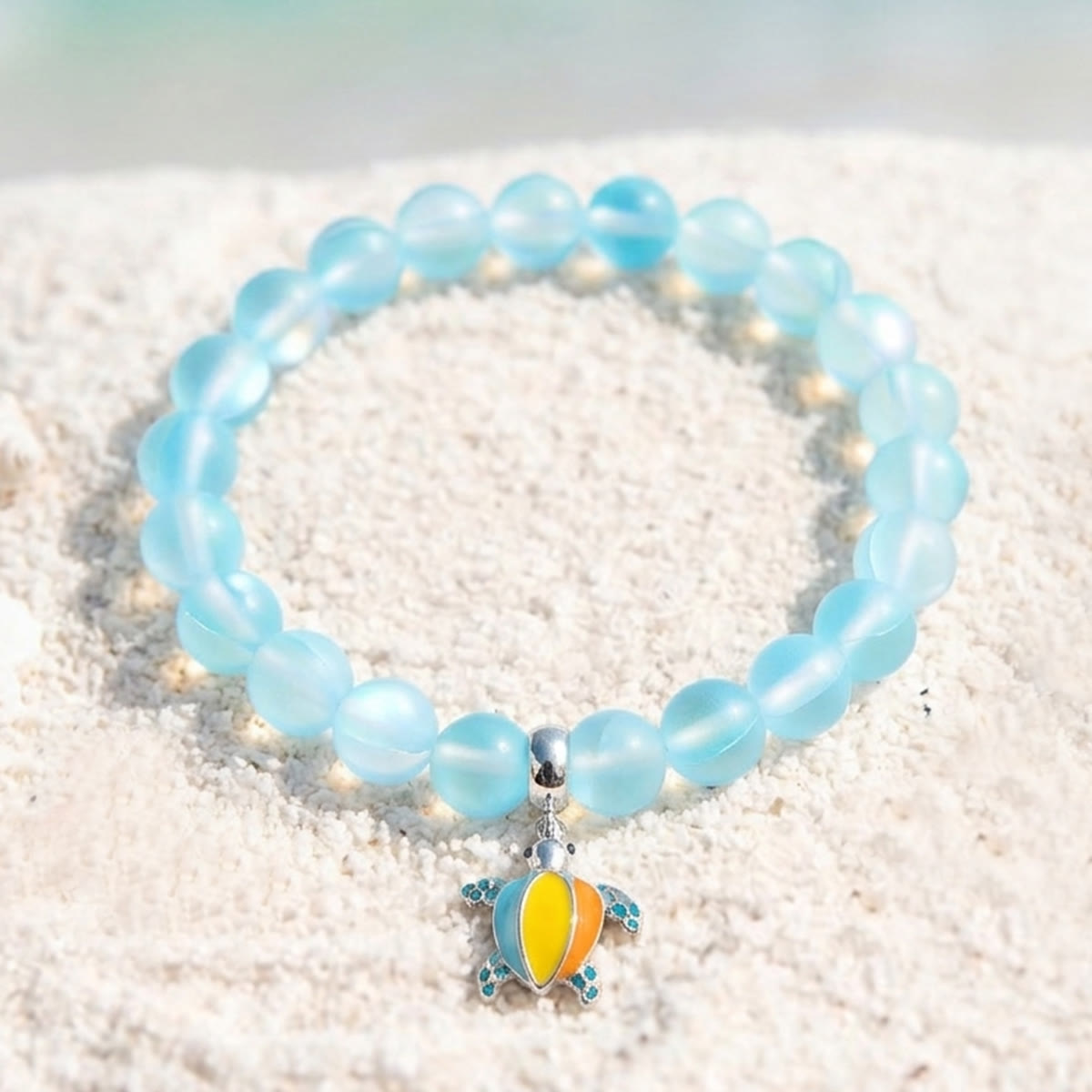 Colorful Turtle Charm Bracelet - Recycled 8mm Frosted Sea Glass Beads From Ocean Trash To Treasure - Light Blue - Approx. 6.93"/17.6cm - image 10
