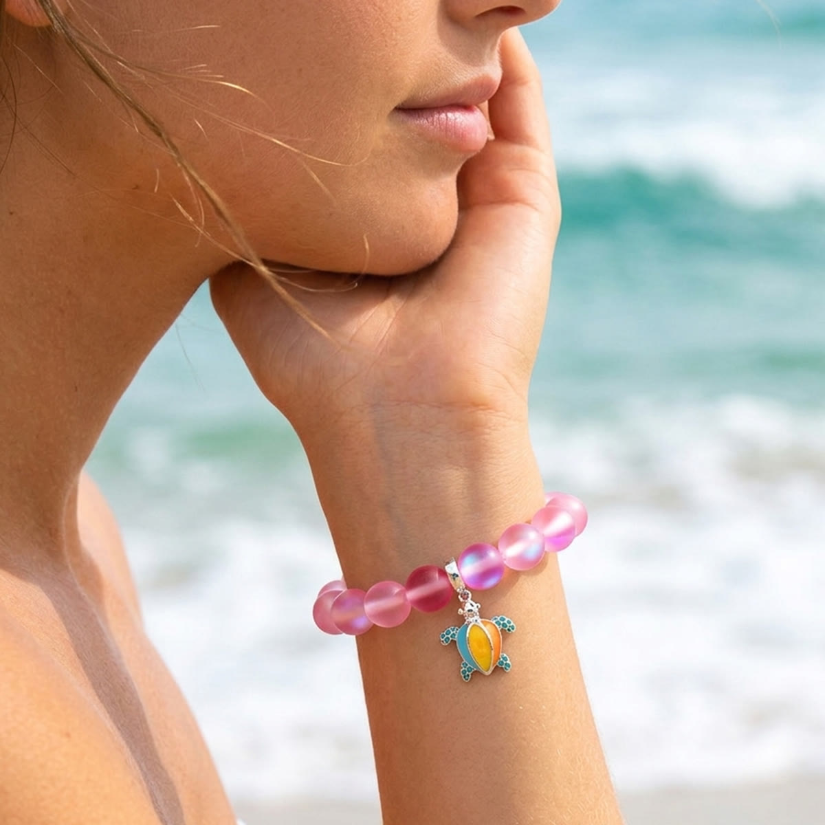 Colorful Turtle Charm Bracelet - Recycled 8mm Frosted Sea Glass Beads From Ocean Trash To Treasure - image 8