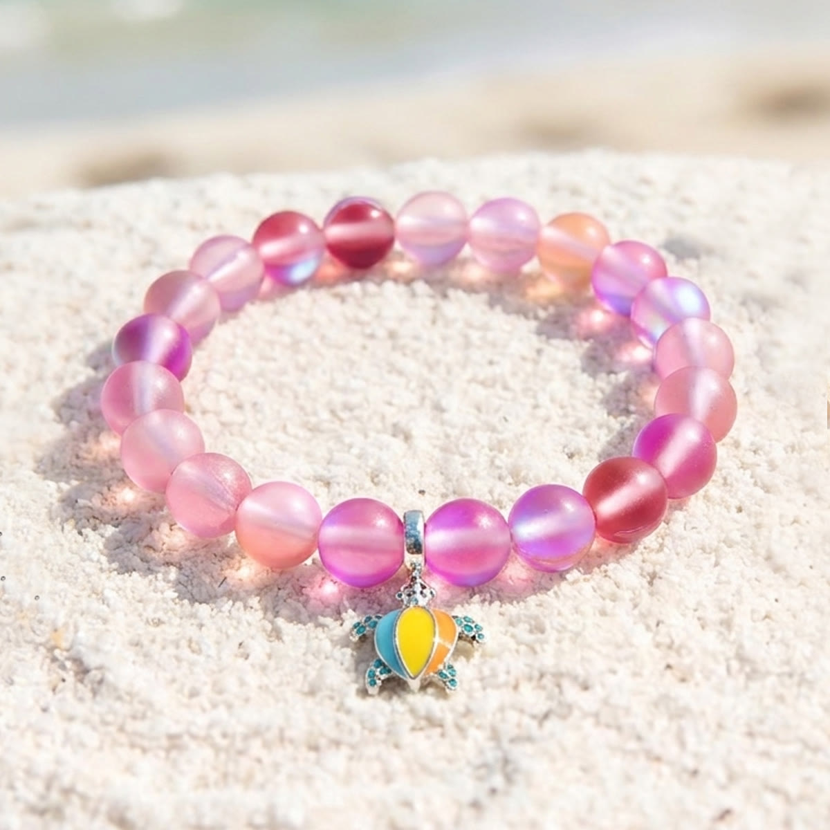 Colorful Turtle Charm Bracelet - Recycled 8mm Frosted Sea Glass Beads From Ocean Trash To Treasure - Rose Red - Approx. 6.93"/17.6cm - image 7