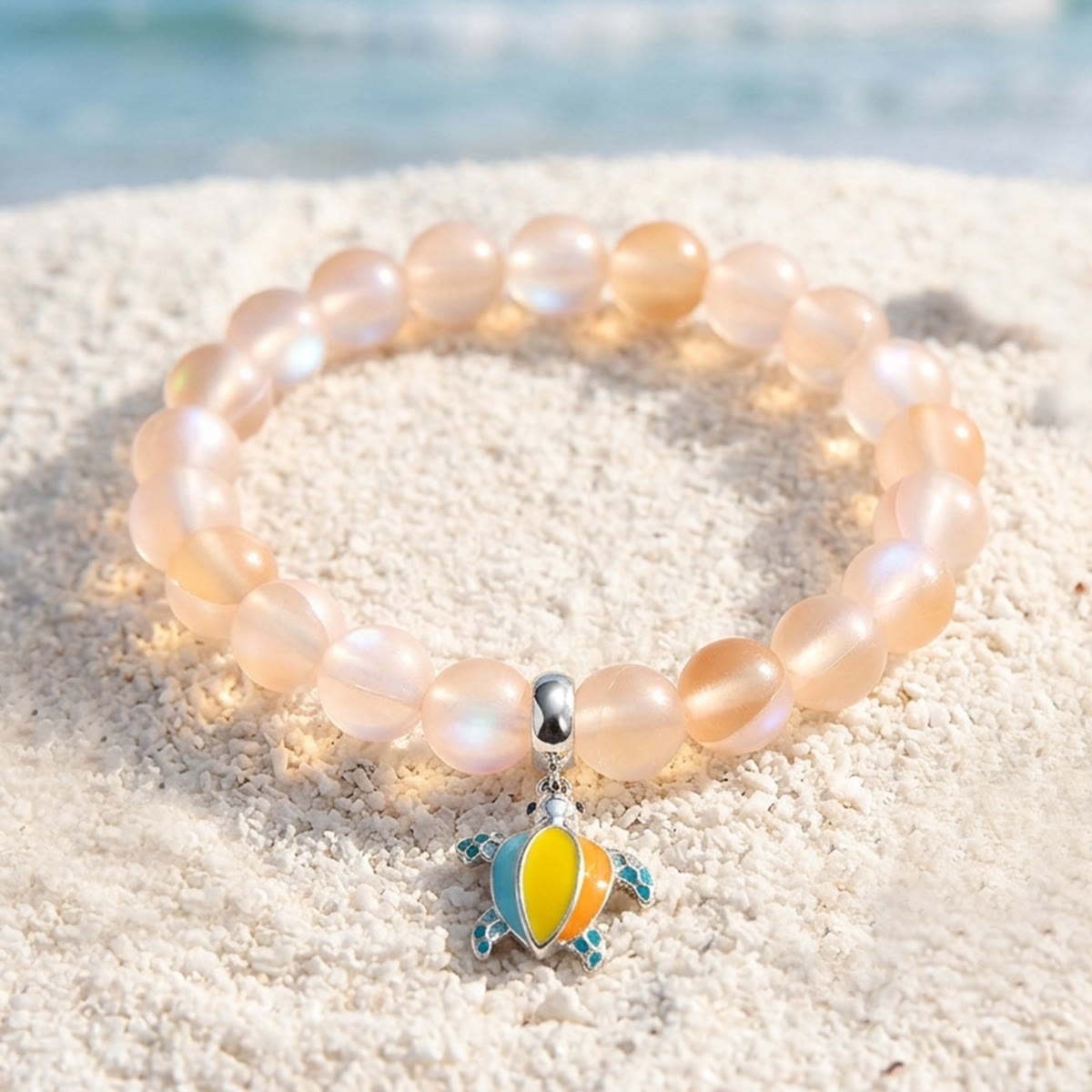 Colorful Turtle Charm Bracelet - Recycled 8mm Frosted Sea Glass Beads From Ocean Trash To Treasure - Yellow - Approx. 6.93"/17.6cm - image 16