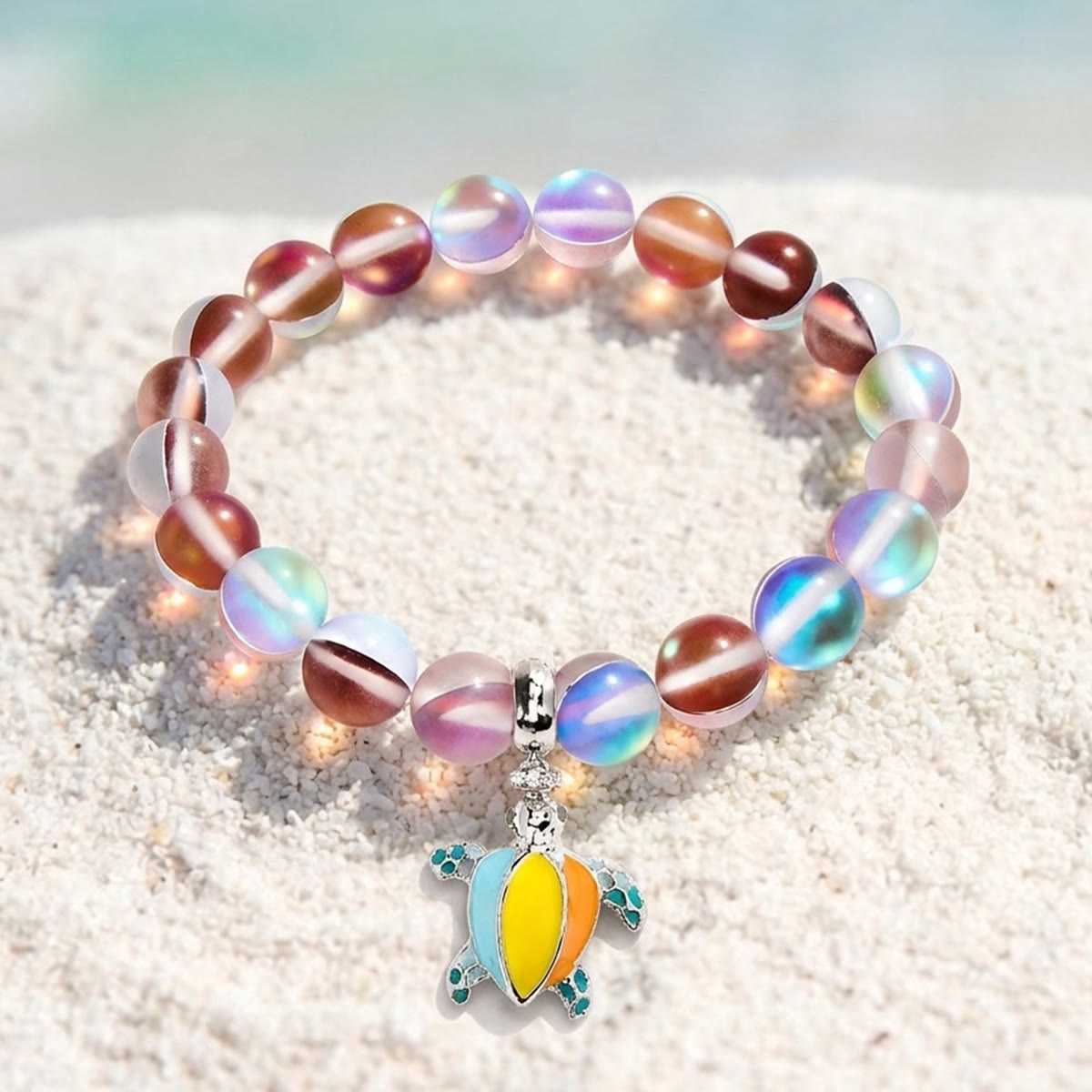 Colorful Turtle Charm Bracelet - Recycled 8mm Frosted Sea Glass Beads From Ocean Trash To Treasure - Red - Approx. 6.93"/17.6cm - image 25