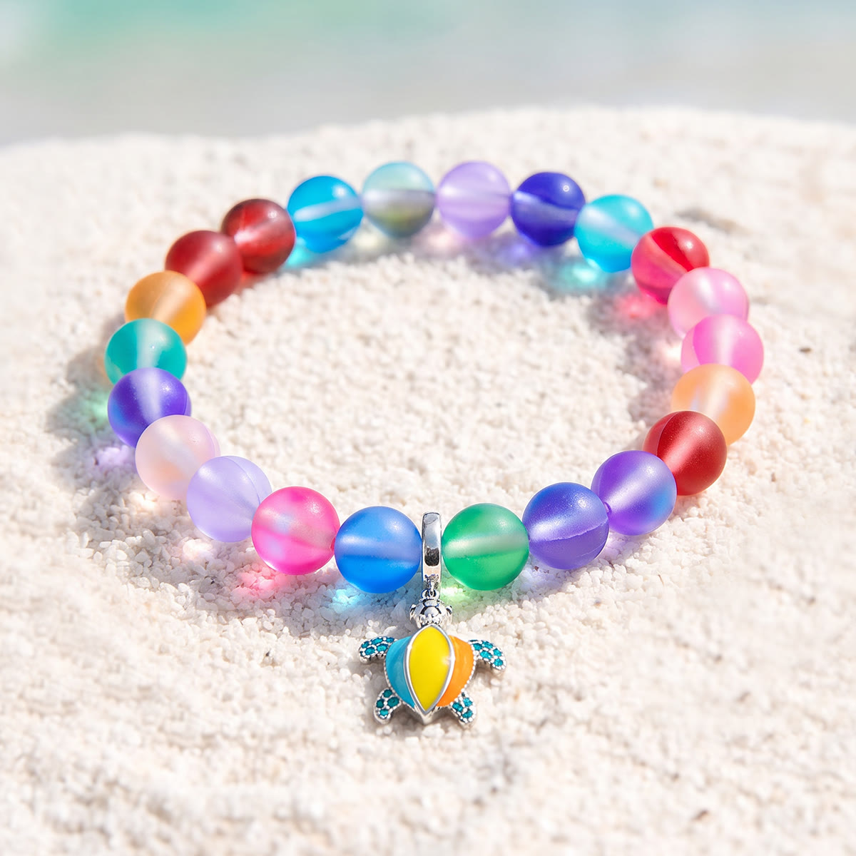Colorful Turtle Charm Bracelet - Recycled 8mm Frosted Sea Glass Beads From Ocean Trash To Treasure - Rainbow - Approx. 6.93"/17.6cm - image 2