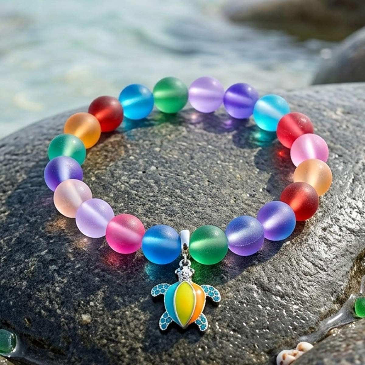 Colorful Turtle Charm Bracelet - Recycled 8mm Frosted Sea Glass Beads From Ocean Trash To Treasure - image 5