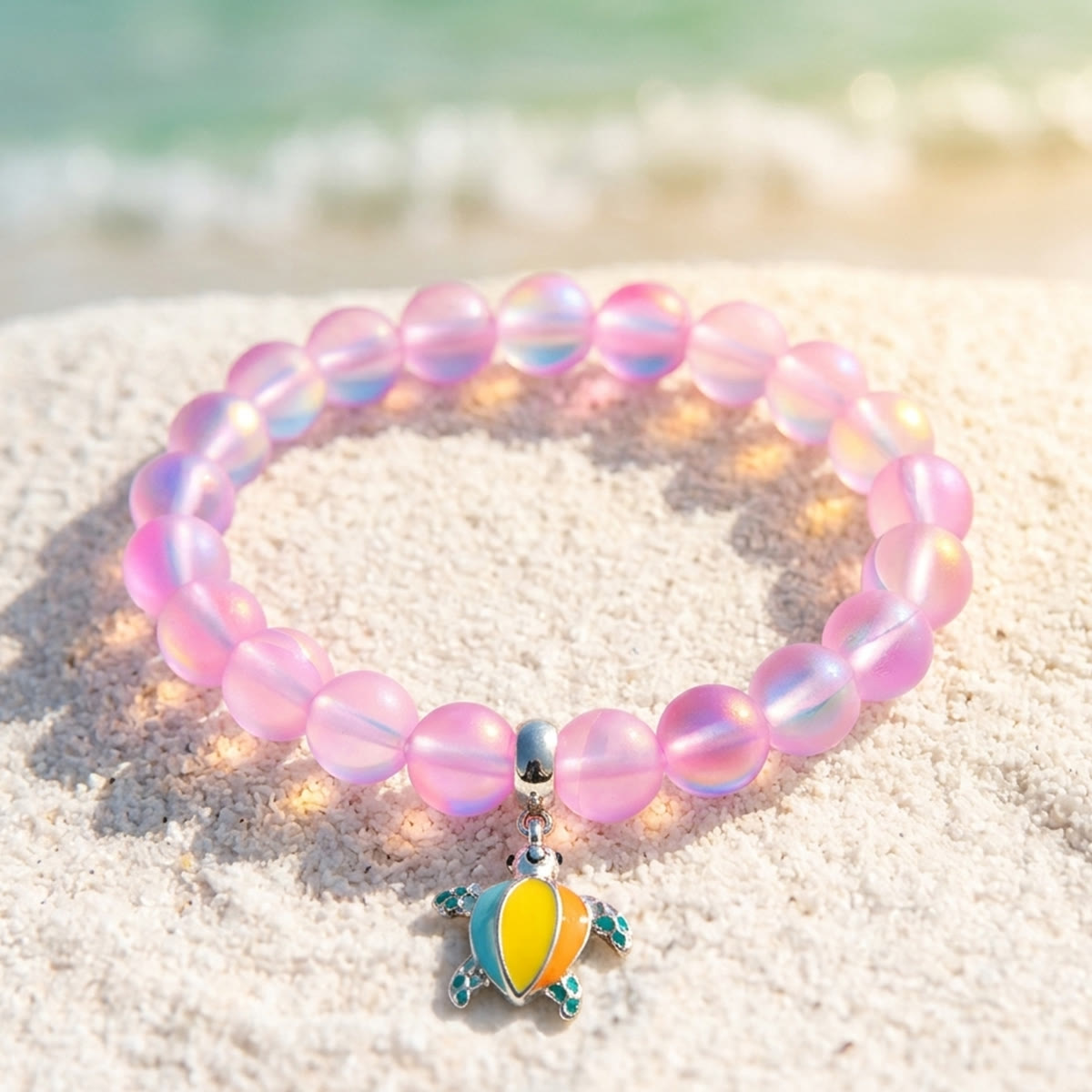 Colorful Turtle Charm Bracelet - Recycled 8mm Frosted Sea Glass Beads From Ocean Trash To Treasure - Pink - Approx. 6.93"/17.6cm - image 22