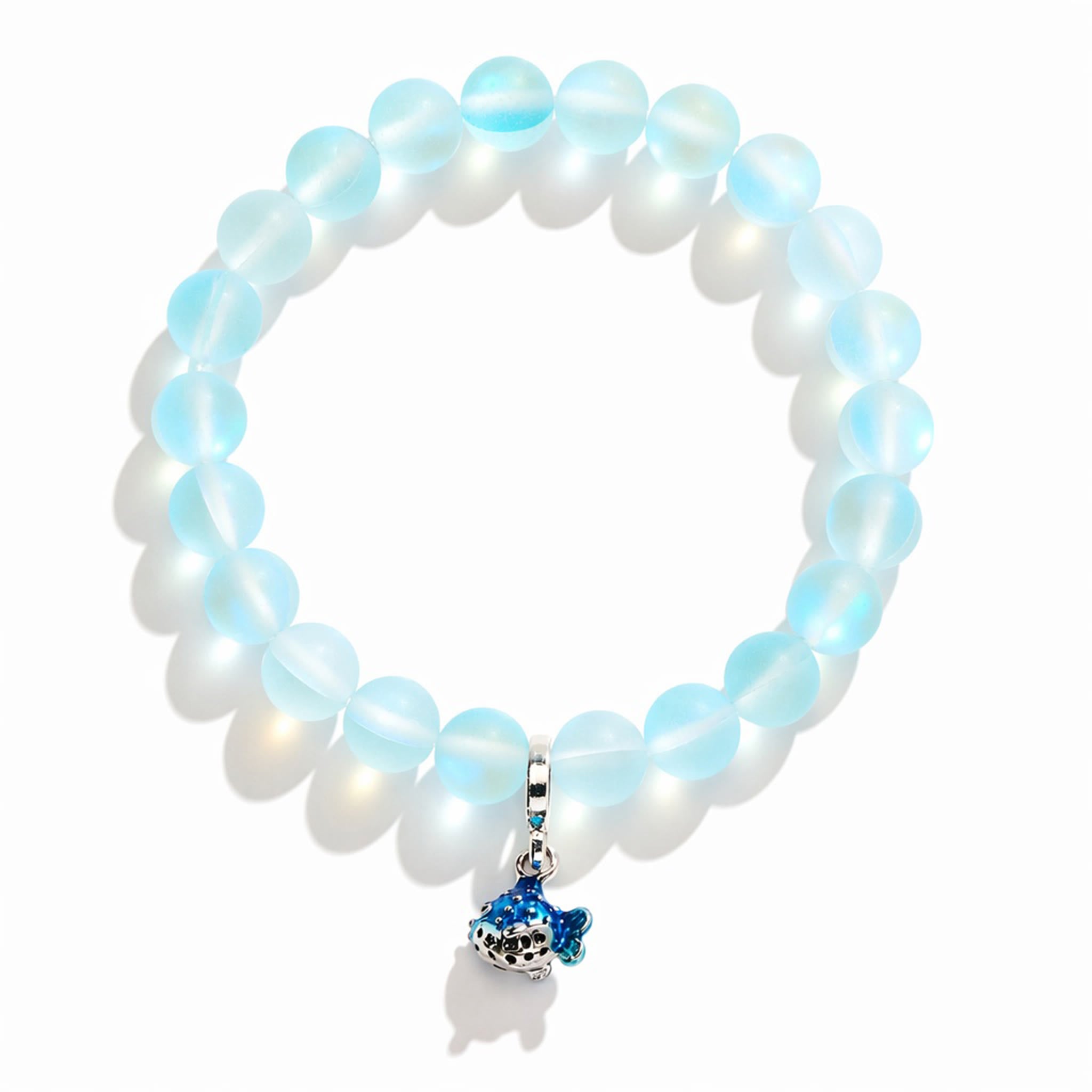 Save The Fish Blue Pufferfish Bracelet - Recycled 8mm Frosted Sea Glass Beads With Blue Fish Pendant - image 0