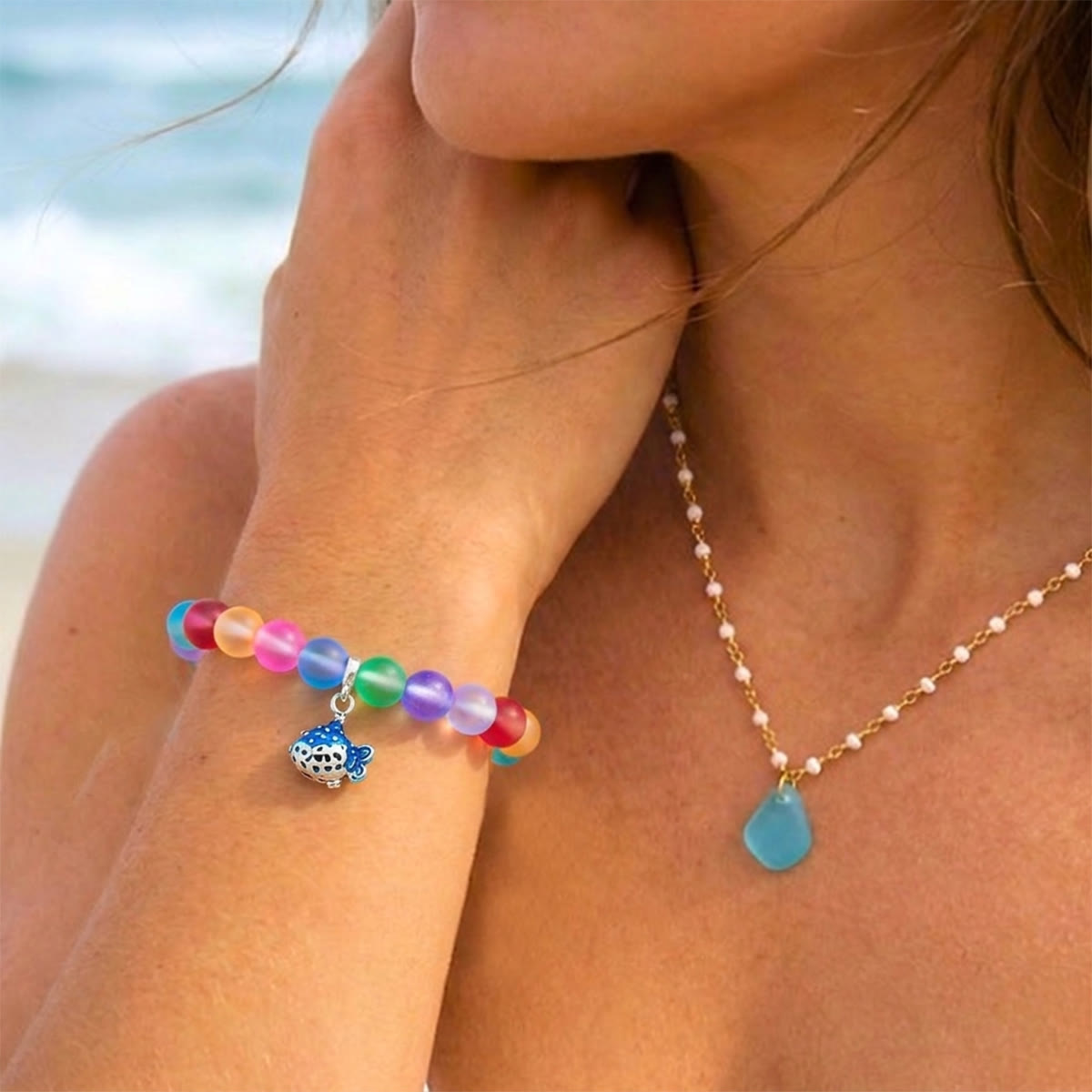Save The Fish Blue Pufferfish Bracelet - Recycled 8mm Frosted Sea Glass Beads With Blue Fish Pendant - image 8