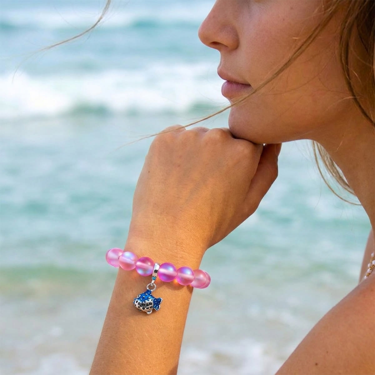 Save The Fish Blue Pufferfish Bracelet - Recycled 8mm Frosted Sea Glass Beads With Blue Fish Pendant - image 11