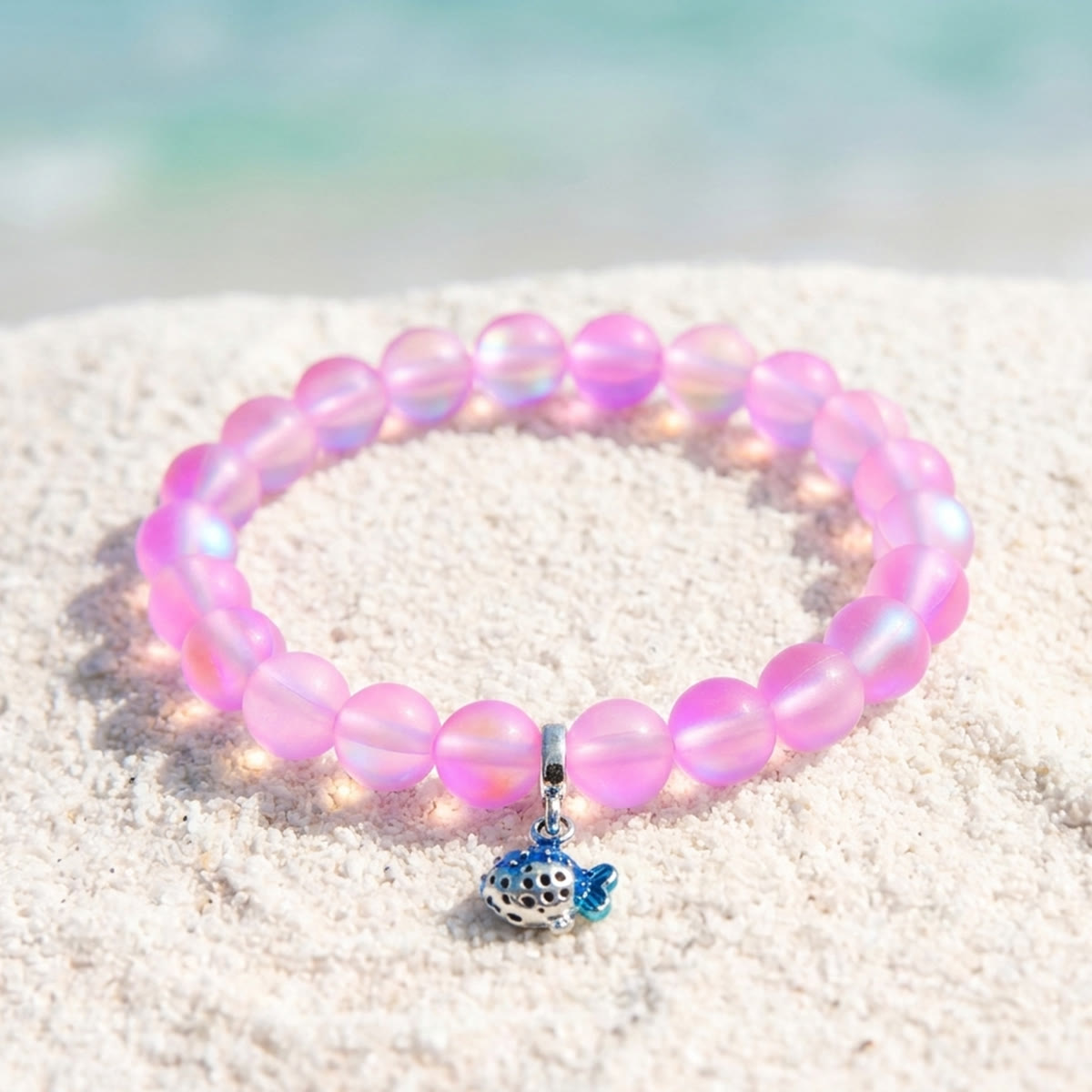 Save The Fish Blue Pufferfish Bracelet - Recycled 8mm Frosted Sea Glass Beads With Blue Fish Pendant - Pink - Approx. 6.93"/17.6cm - image 22