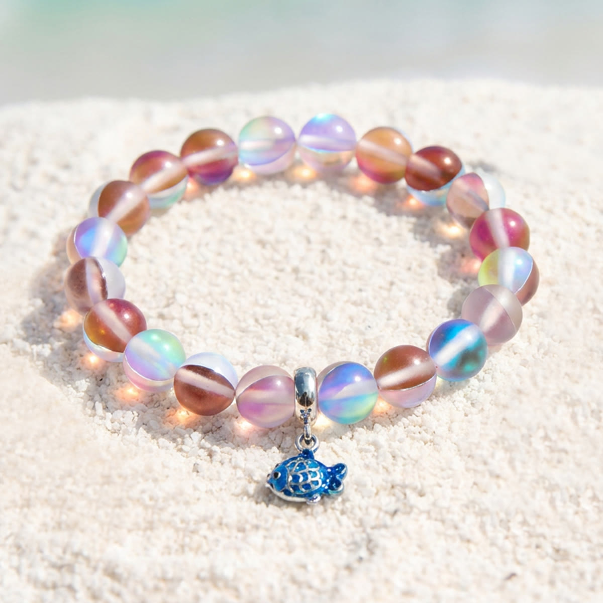 Save The Fish Blue Pufferfish Bracelet - Recycled 8mm Frosted Sea Glass Beads With Blue Fish Pendant - Red - Approx. 6.93"/17.6cm - image 25