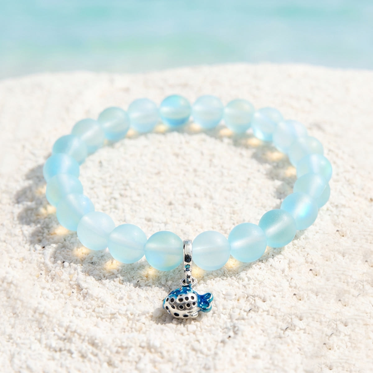 Save The Fish Blue Pufferfish Bracelet - Recycled 8mm Frosted Sea Glass Beads With Blue Fish Pendant - Light Blue - Approx. 6.93"/17.6cm - image 2