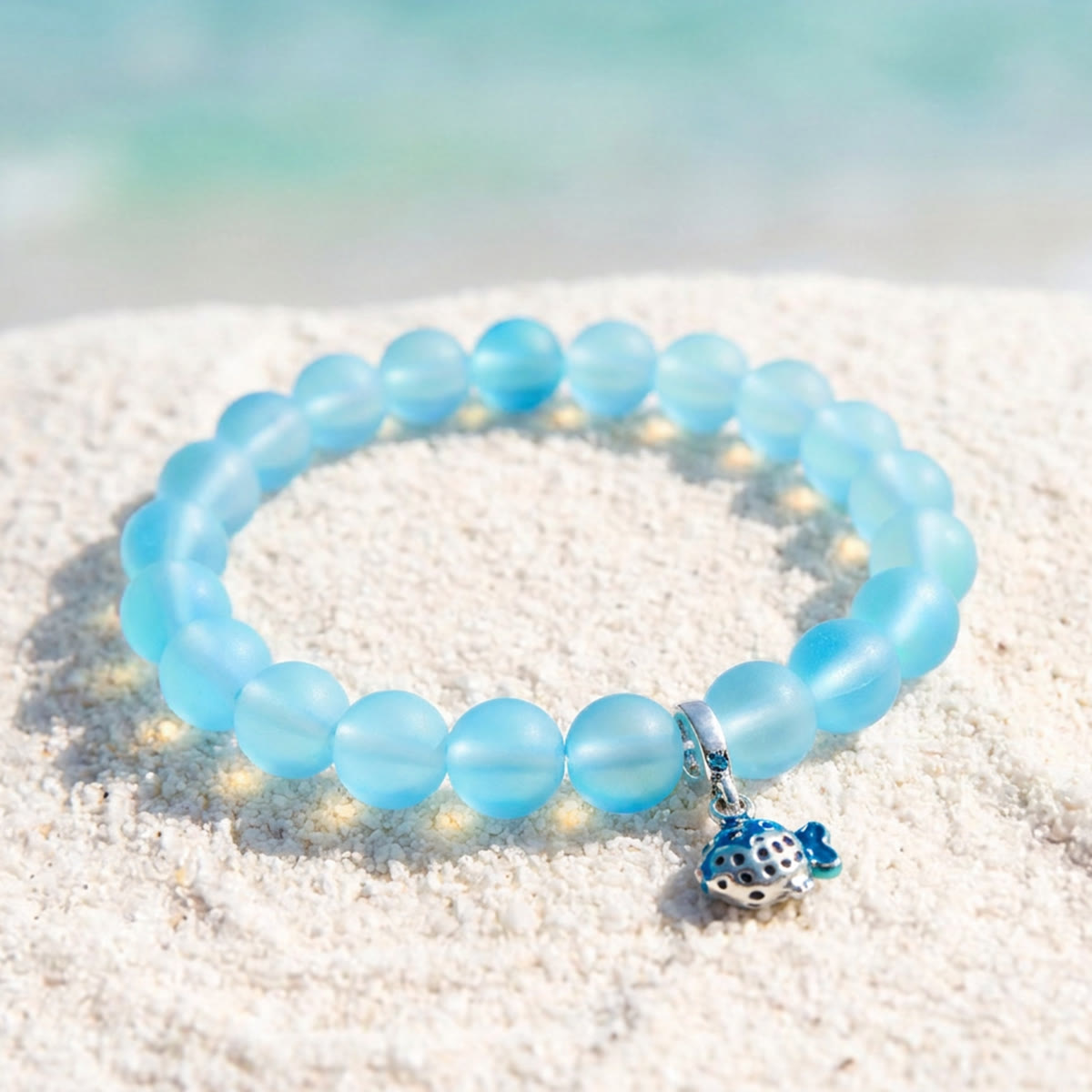 Save The Fish Blue Pufferfish Bracelet - Recycled 8mm Frosted Sea Glass Beads With Blue Fish Pendant - image 6