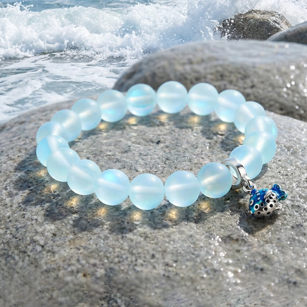 Save The Fish Blue Pufferfish Bracelet - Recycled 8mm Frosted Sea Glass Beads With Blue Fish Pendant - image 5