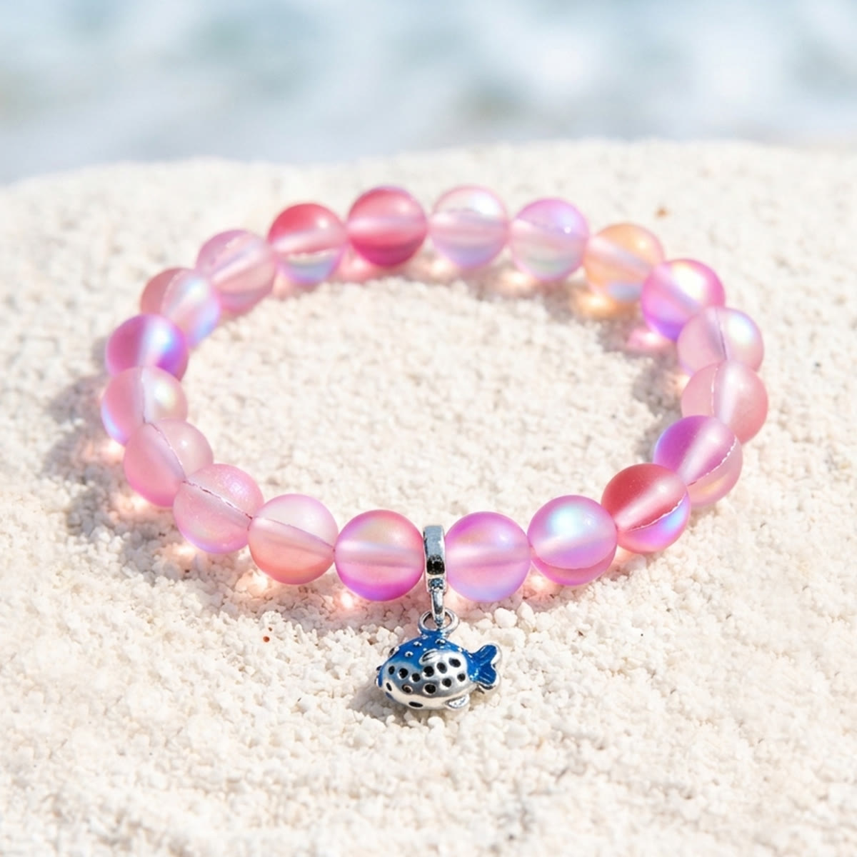 Save The Fish Blue Pufferfish Bracelet - Recycled 8mm Frosted Sea Glass Beads With Blue Fish Pendant - Rose Red - Approx. 6.93"/17.6cm - image 10
