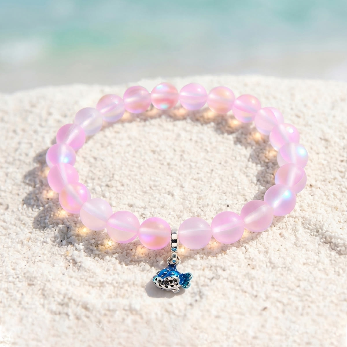 Save The Fish Blue Pufferfish Bracelet - Recycled 8mm Frosted Sea Glass Beads With Blue Fish Pendant - Light Pink - Approx. 6.93"/17.6cm - image 19