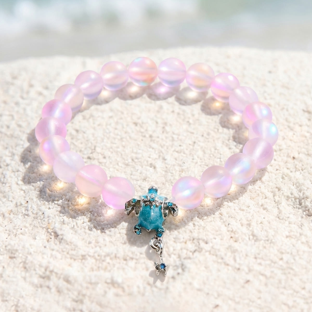 Save The Sea Turtles Bracelet - Recycled 8mm Frosted Sea Glass Beads With Turtle & Starfish Charm - Light Pink - Approx. 6.93"/17.6cm - image 19