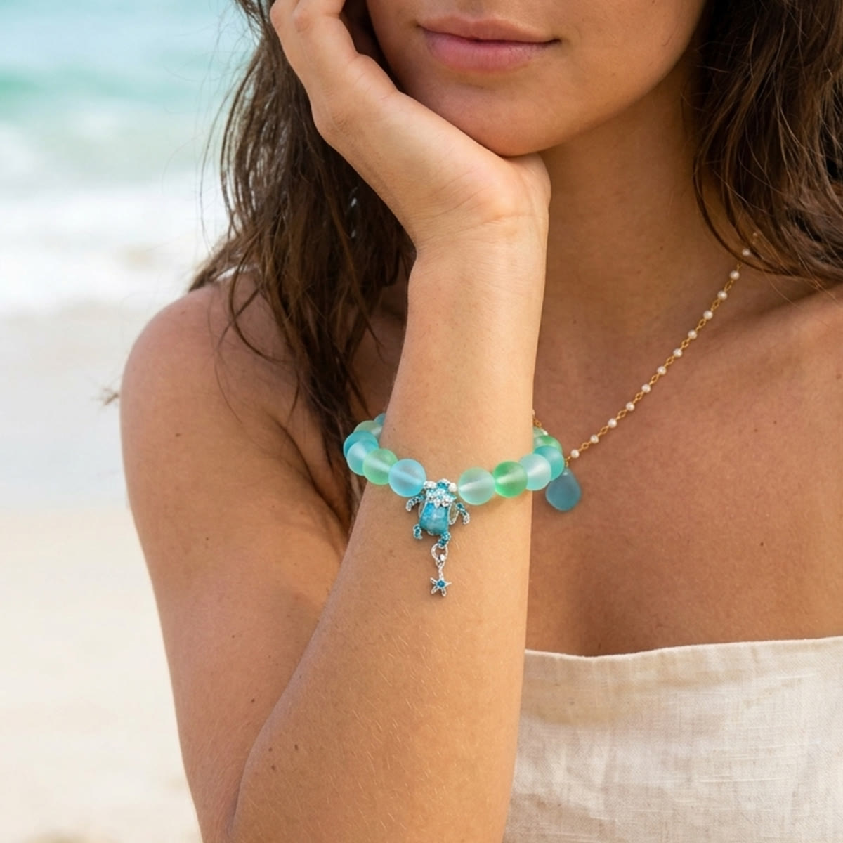 Save The Sea Turtles Bracelet - Recycled 8mm Frosted Sea Glass Beads With Turtle & Starfish Charm - image 14