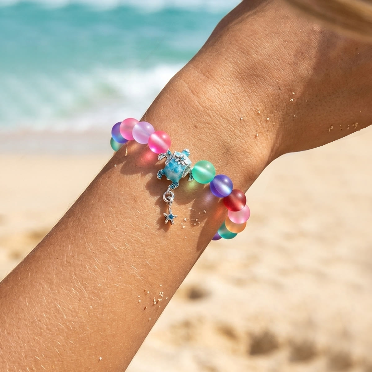 Save The Sea Turtles Bracelet - Recycled 8mm Frosted Sea Glass Beads With Turtle & Starfish Charm - image 8