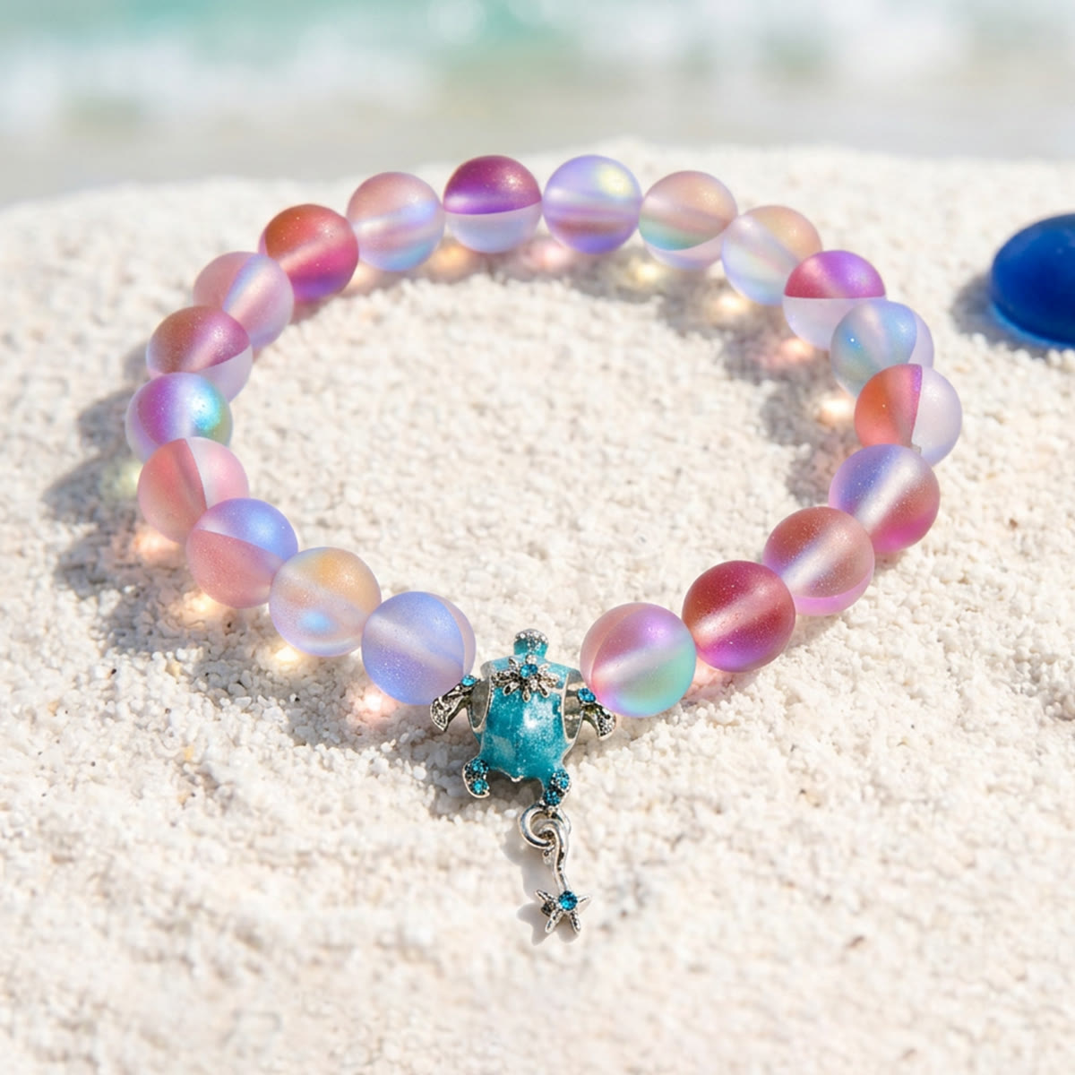Save The Sea Turtles Bracelet - Recycled 8mm Frosted Sea Glass Beads With Turtle & Starfish Charm - Red - Approx. 6.93"/17.6cm - image 25