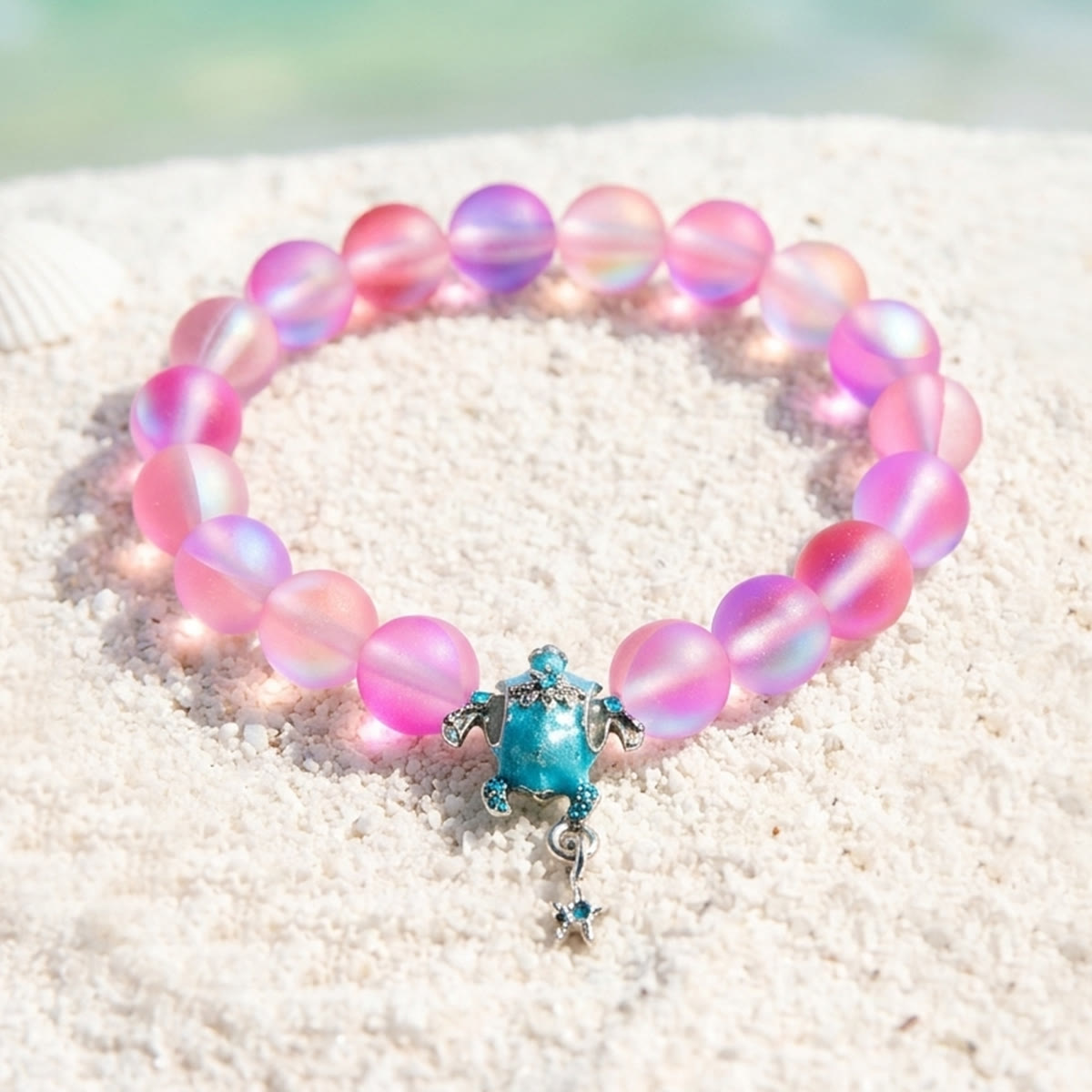 Save The Sea Turtles Bracelet - Recycled 8mm Frosted Sea Glass Beads With Turtle & Starfish Charm - Rose Red - Approx. 6.93"/17.6cm - image 10
