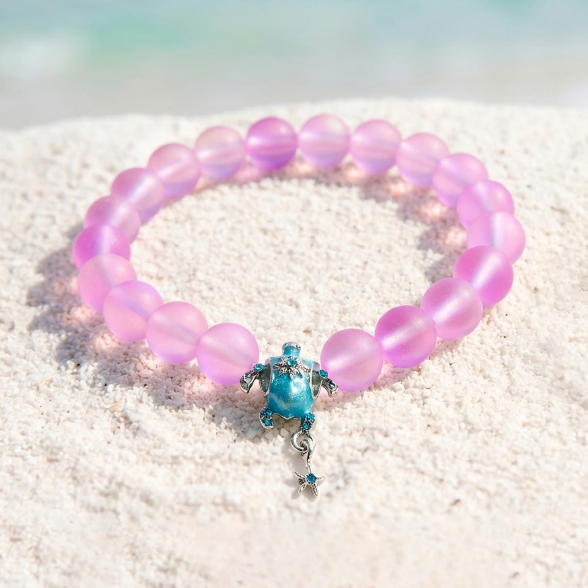 Save The Sea Turtles Bracelet - Recycled 8mm Frosted Sea Glass Beads With Turtle & Starfish Charm - Pink - Approx. 6.93"/17.6cm - image 22