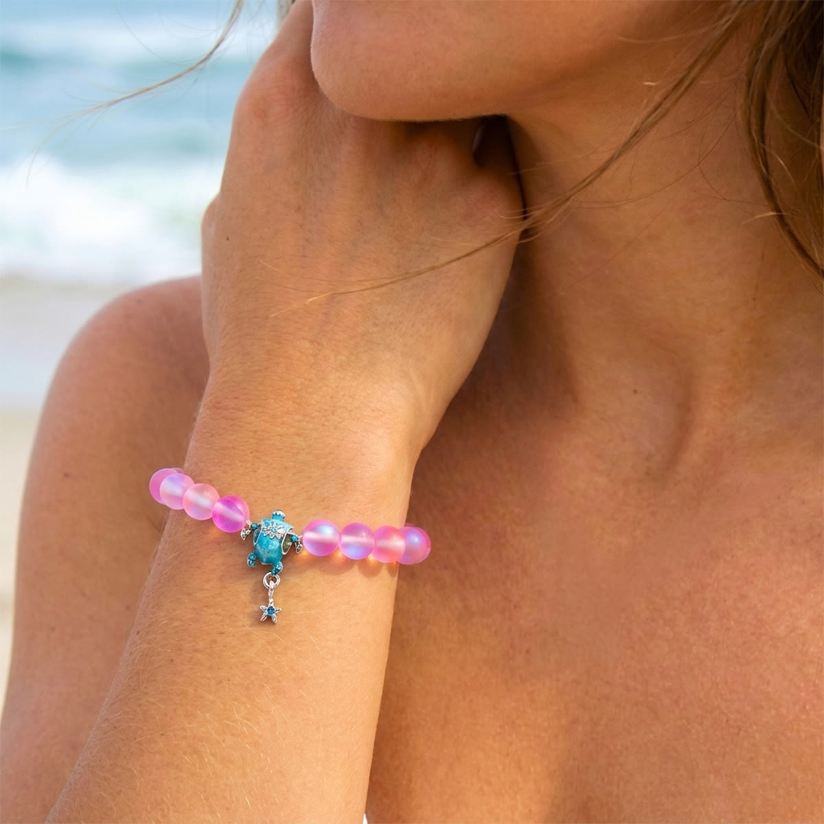 Save The Sea Turtles Bracelet - Recycled 8mm Frosted Sea Glass Beads With Turtle & Starfish Charm - image 11