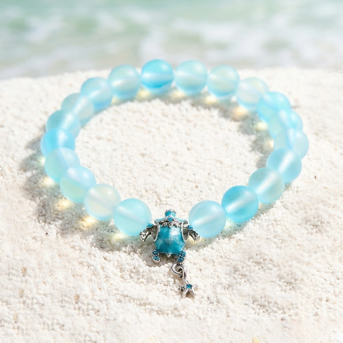 Save The Sea Turtles Bracelet - Recycled 8mm Frosted Sea Glass Beads With Turtle & Starfish Charm - Light Blue - Approx. 6.93"/17.6cm - image 2