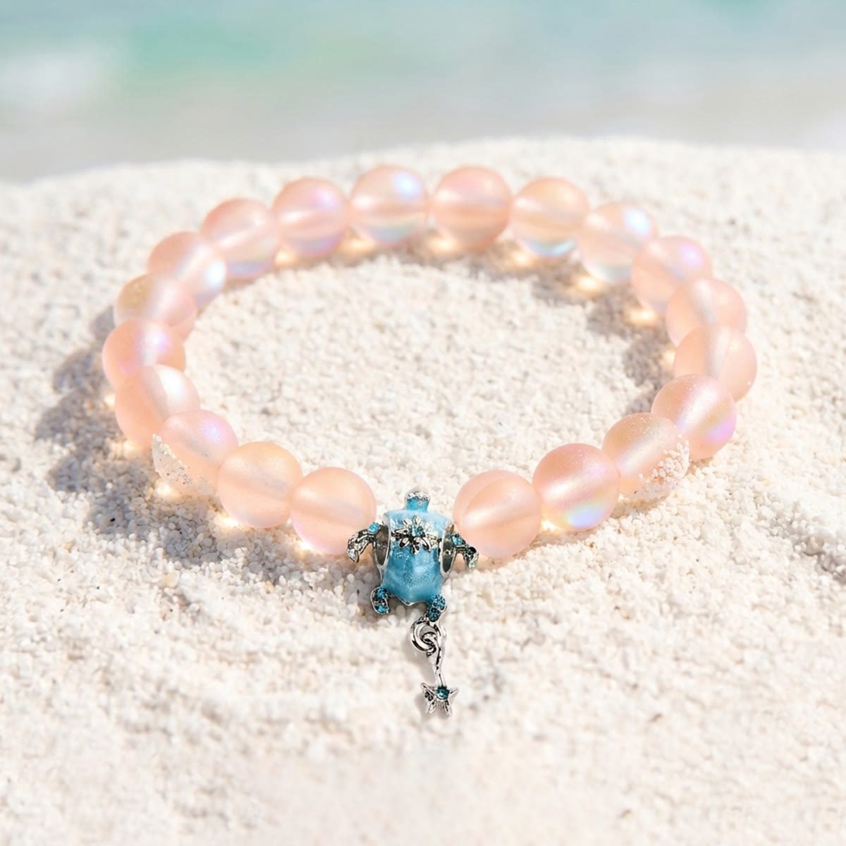 Save The Sea Turtles Bracelet - Recycled 8mm Frosted Sea Glass Beads With Turtle & Starfish Charm - Yellow - Approx. 6.93"/17.6cm - image 16