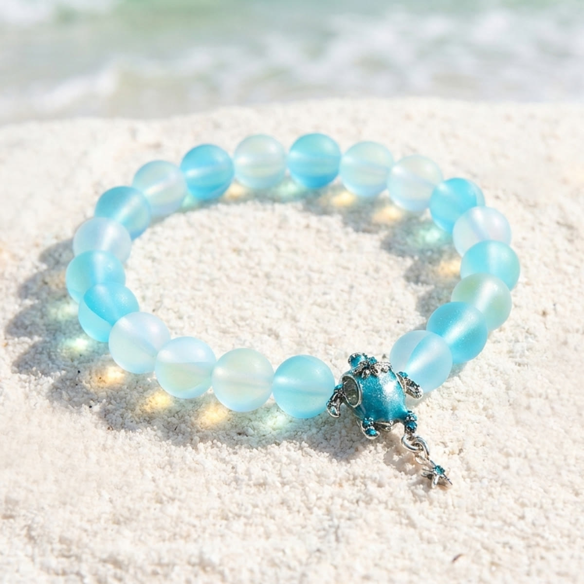 Save The Sea Turtles Bracelet - Recycled 8mm Frosted Sea Glass Beads With Turtle & Starfish Charm - image 6