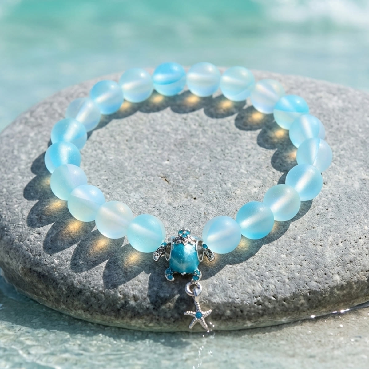 Save The Sea Turtles Bracelet - Recycled 8mm Frosted Sea Glass Beads With Turtle & Starfish Charm - image 5