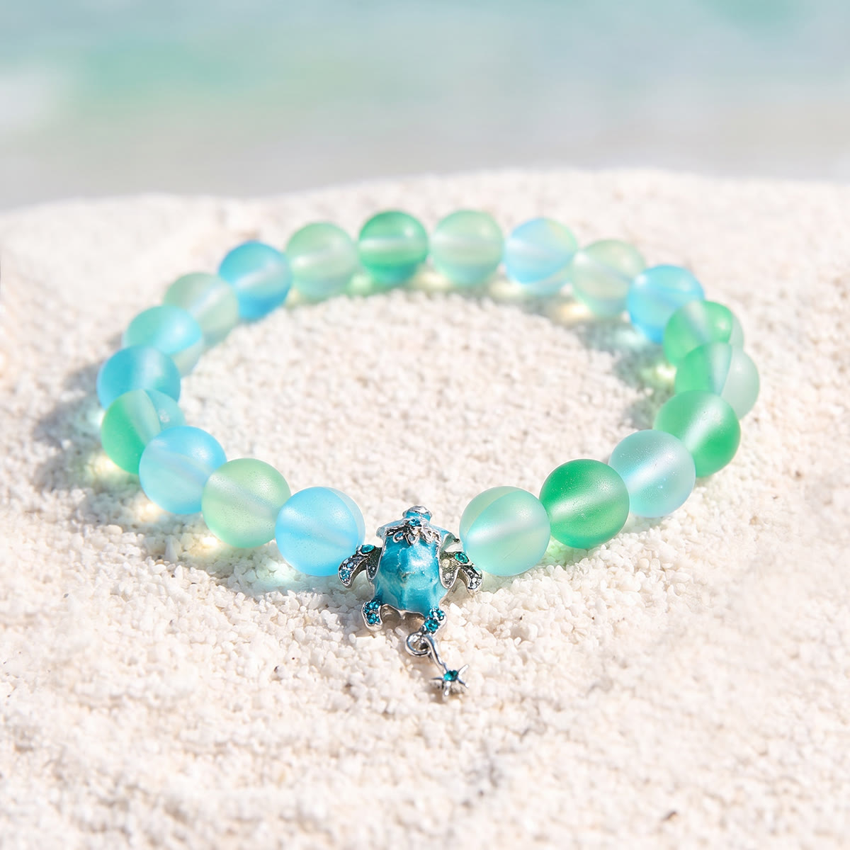 Save The Sea Turtles Bracelet - Recycled 8mm Frosted Sea Glass Beads With Turtle & Starfish Charm - Green - Approx. 6.93"/17.6cm - image 13