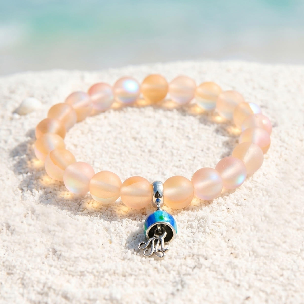 Save The Sea Light Blue Jellyfish Bracelet - Recycled 8mm Frosted Sea Glass Beads With Jellyfish Charm - Yellow - Approx. 6.93"/17.6cm - image 16