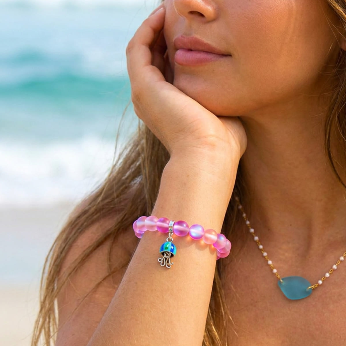 Save The Sea Light Blue Jellyfish Bracelet - Recycled 8mm Frosted Sea Glass Beads With Jellyfish Charm - image 11