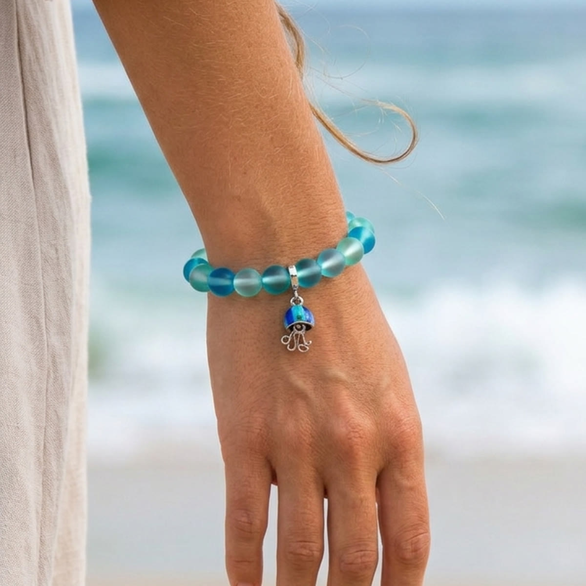 Save The Sea Light Blue Jellyfish Bracelet - Recycled 8mm Frosted Sea Glass Beads With Jellyfish Charm - image 14