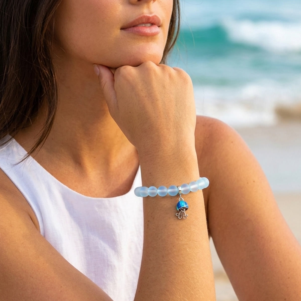Save The Sea Light Blue Jellyfish Bracelet - Recycled 8mm Frosted Sea Glass Beads With Jellyfish Charm - image 1