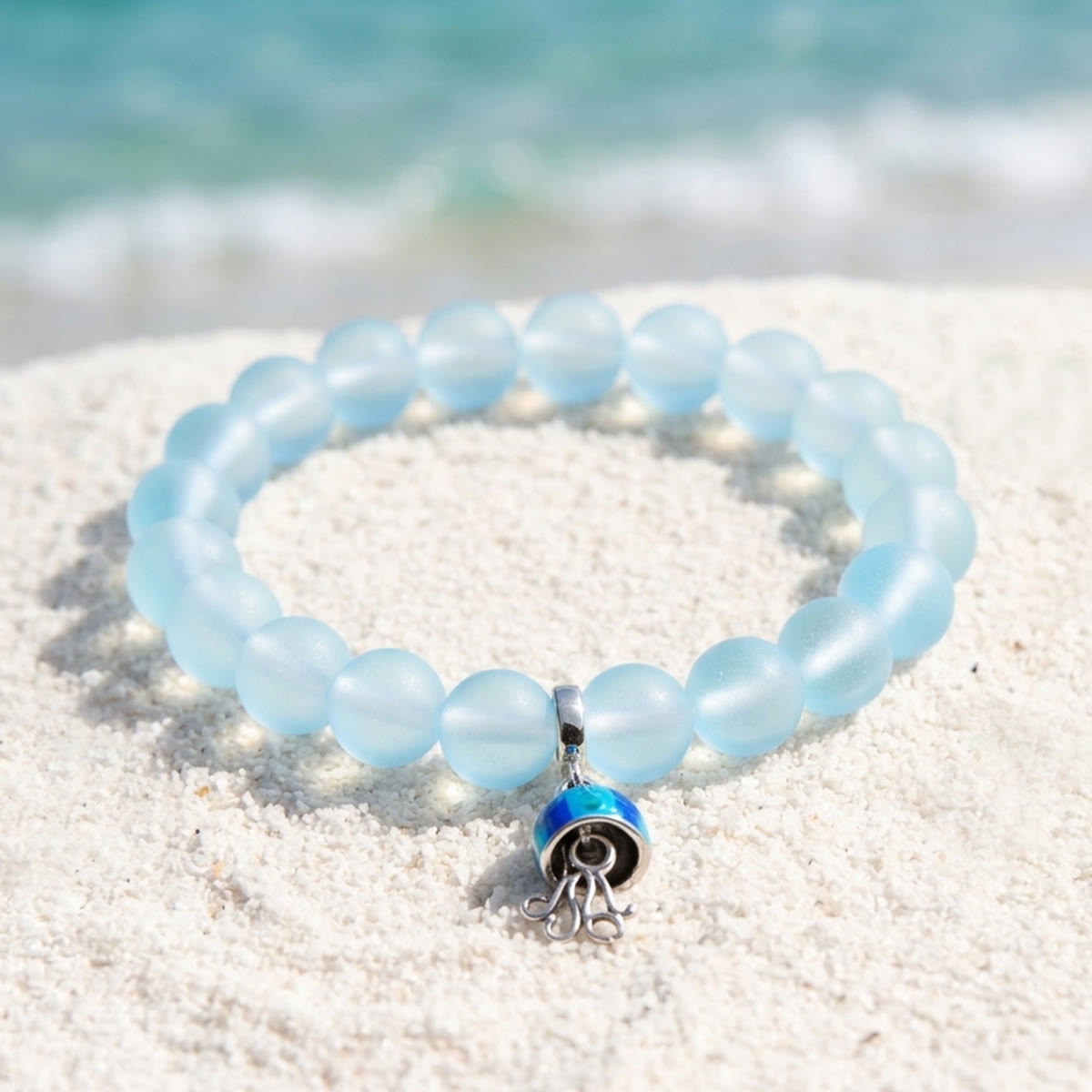 Save The Sea Light Blue Jellyfish Bracelet - Recycled 8mm Frosted Sea Glass Beads With Jellyfish Charm - Light Blue - Approx. 6.93"/17.6cm - image 2