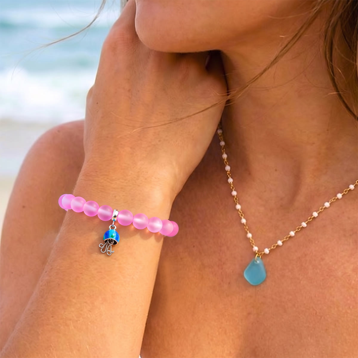 Save The Sea Light Blue Jellyfish Bracelet - Recycled 8mm Frosted Sea Glass Beads With Jellyfish Charm - image 23