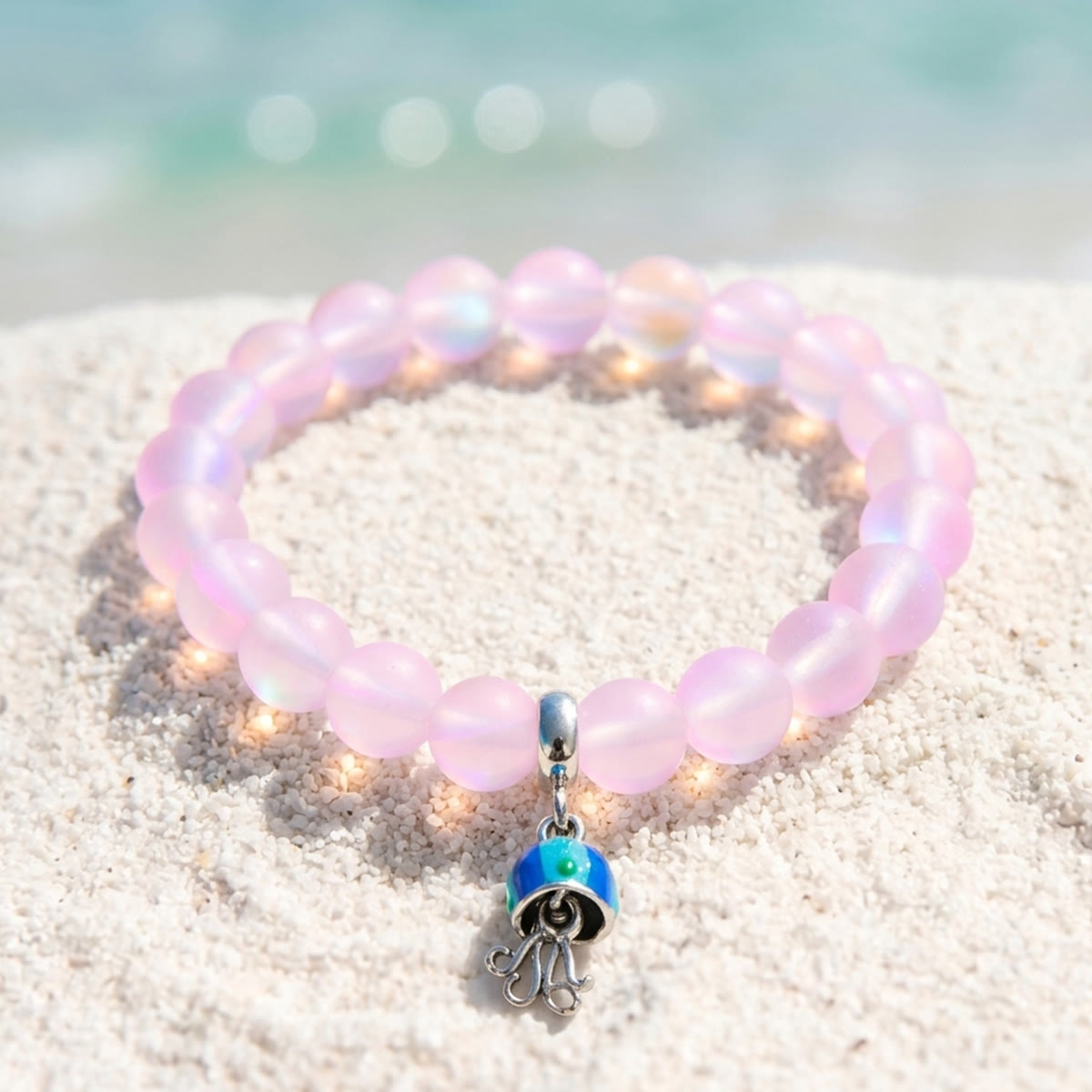 Save The Sea Light Blue Jellyfish Bracelet - Recycled 8mm Frosted Sea Glass Beads With Jellyfish Charm - Light Pink - Approx. 6.93"/17.6cm - image 19