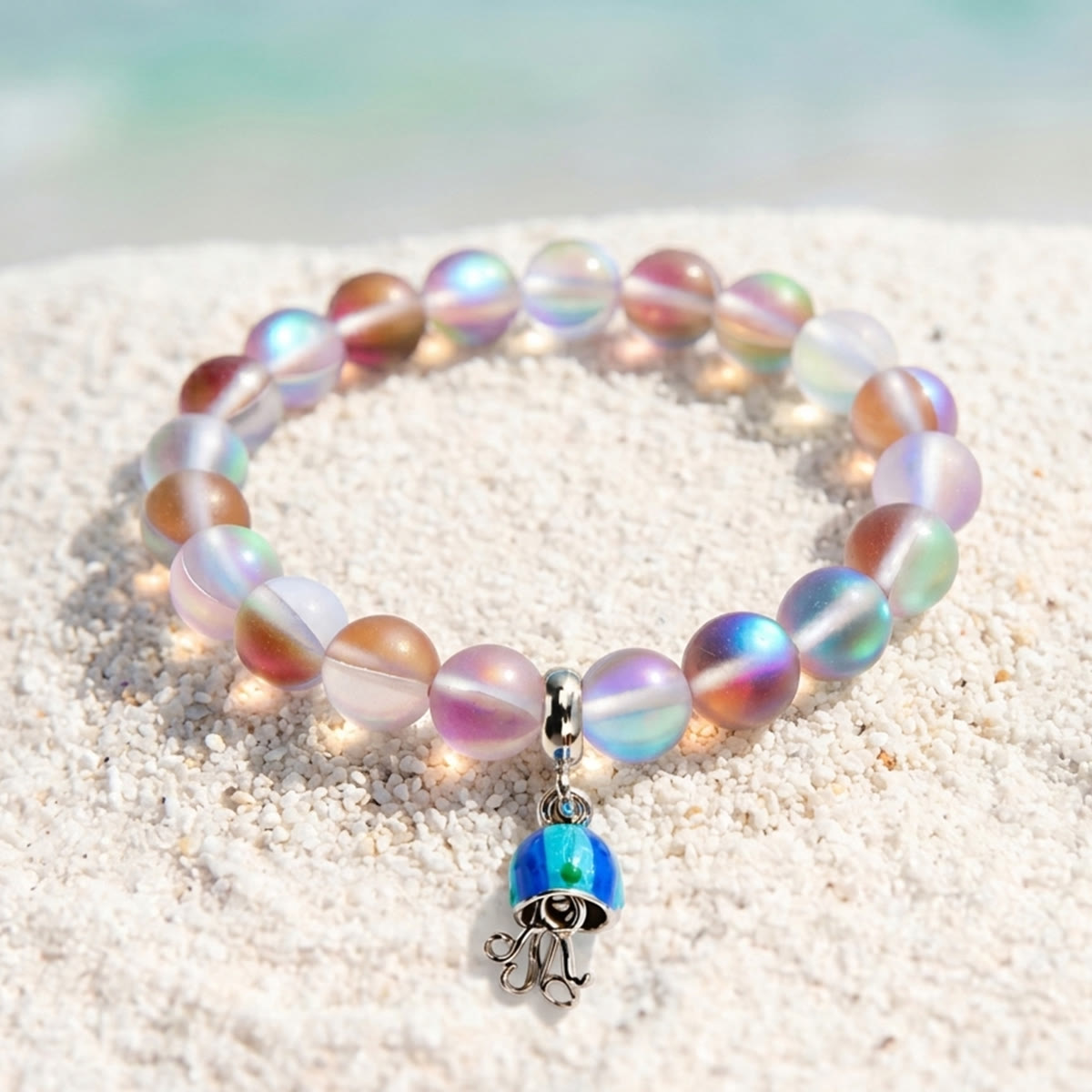 Save The Sea Light Blue Jellyfish Bracelet - Recycled 8mm Frosted Sea Glass Beads With Jellyfish Charm - Red - Approx. 6.93"/17.6cm - image 25
