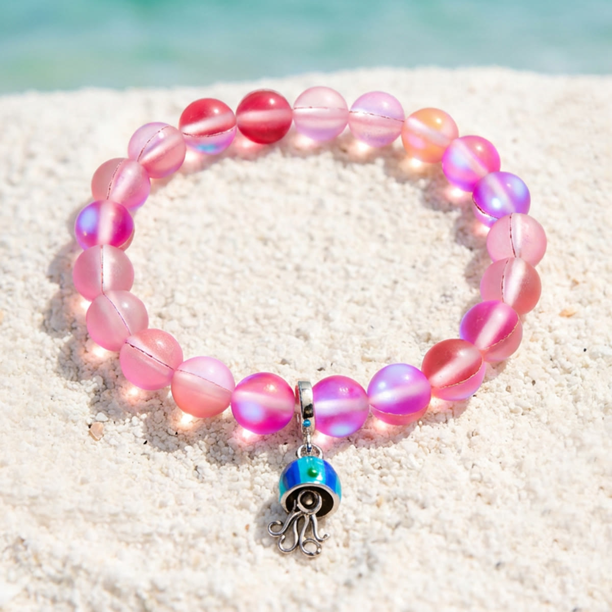 Save The Sea Light Blue Jellyfish Bracelet - Recycled 8mm Frosted Sea Glass Beads With Jellyfish Charm - Rose Red - Approx. 6.93"/17.6cm - image 10