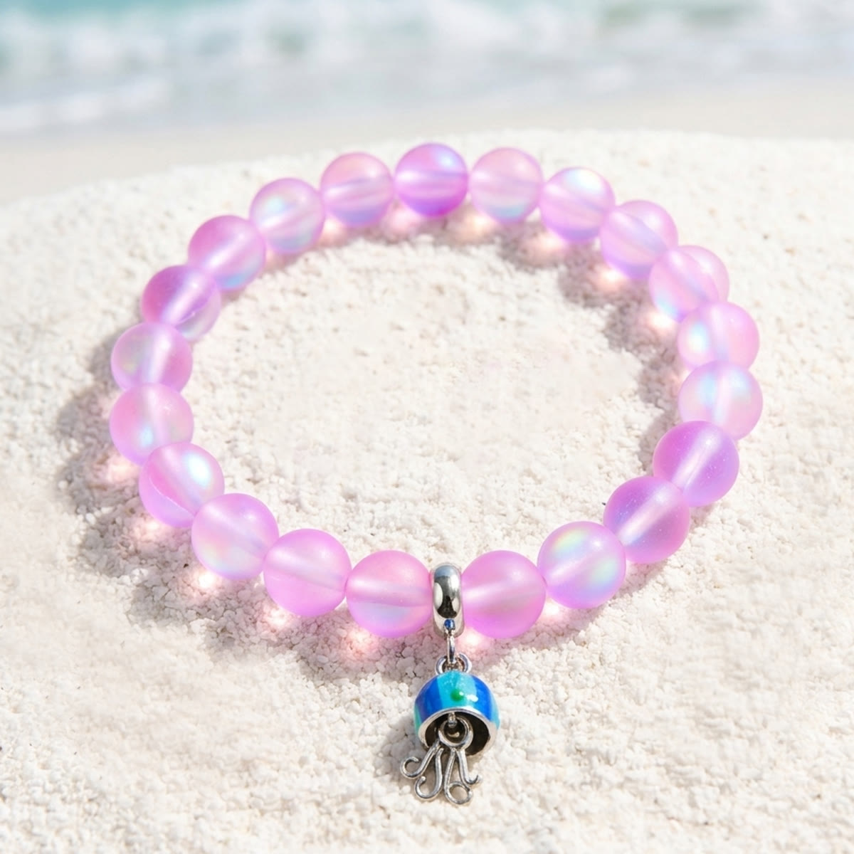 Save The Sea Light Blue Jellyfish Bracelet - Recycled 8mm Frosted Sea Glass Beads With Jellyfish Charm - Pink - Approx. 6.93"/17.6cm - image 22