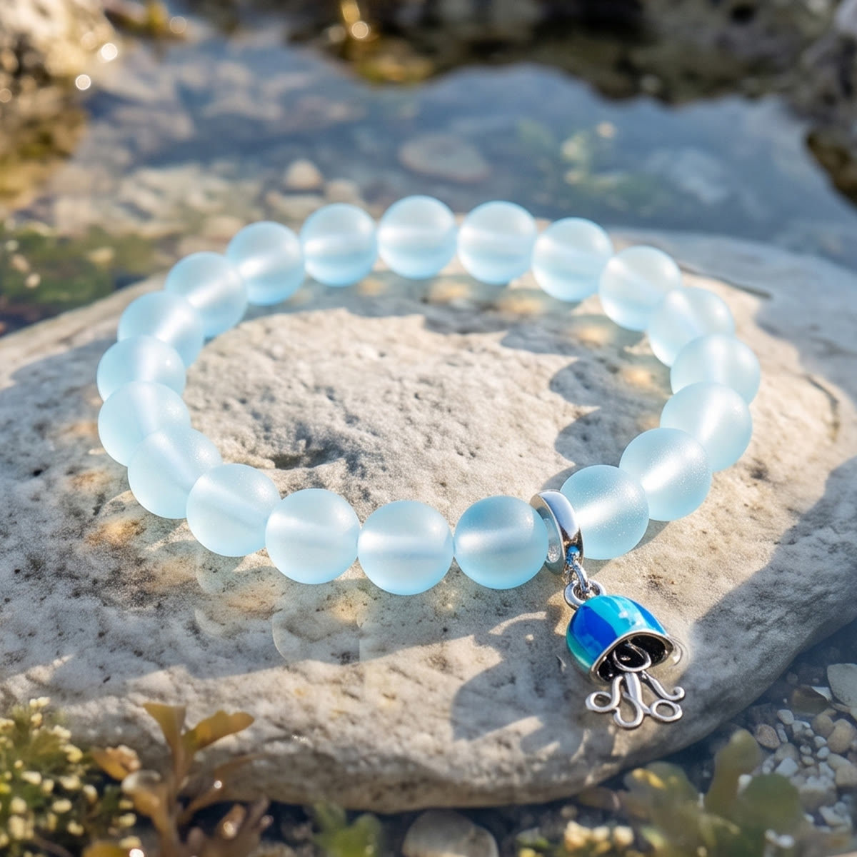 Save The Sea Light Blue Jellyfish Bracelet - Recycled 8mm Frosted Sea Glass Beads With Jellyfish Charm - image 5