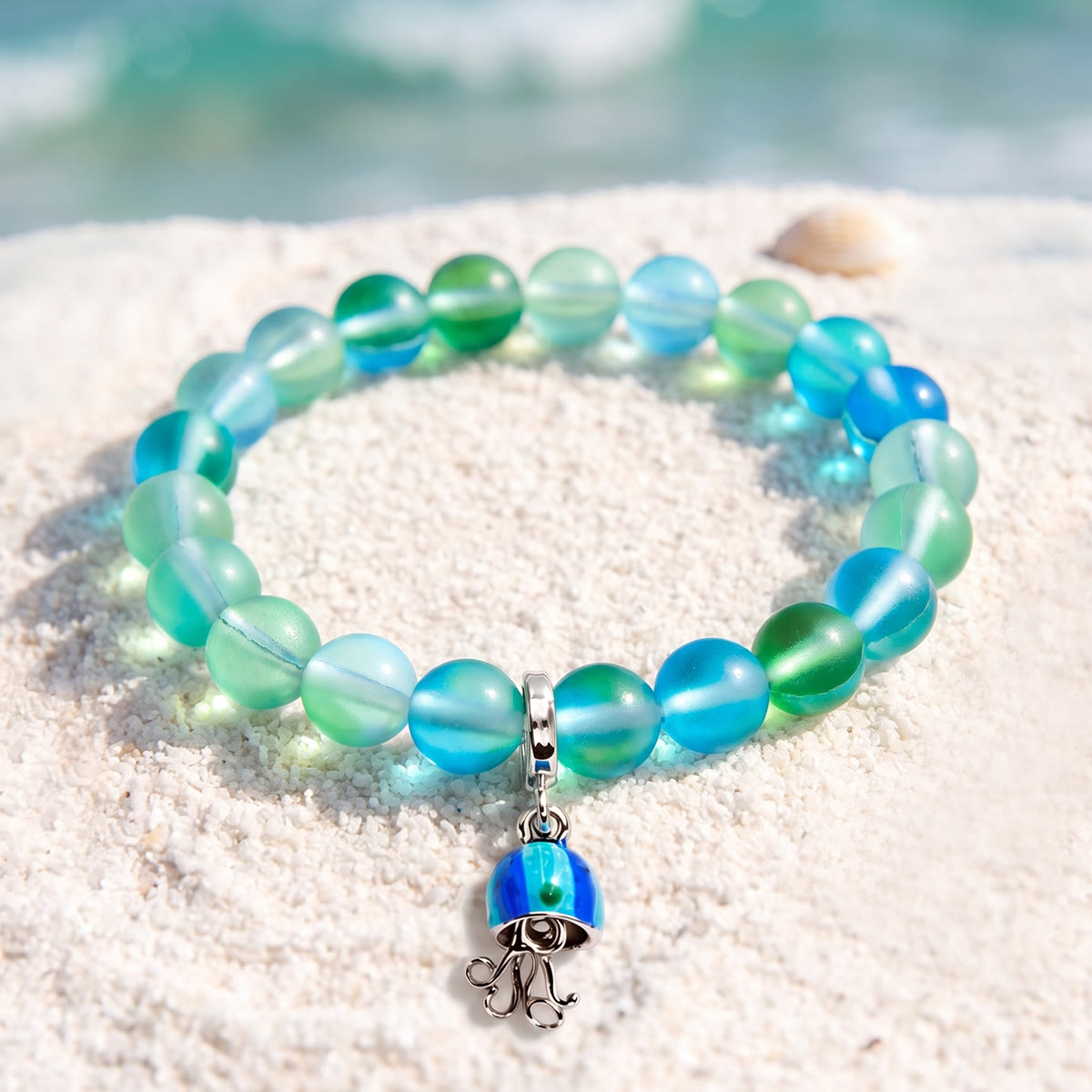 Save The Sea Light Blue Jellyfish Bracelet - Recycled 8mm Frosted Sea Glass Beads With Jellyfish Charm - Green - Approx. 6.93"/17.6cm - image 13