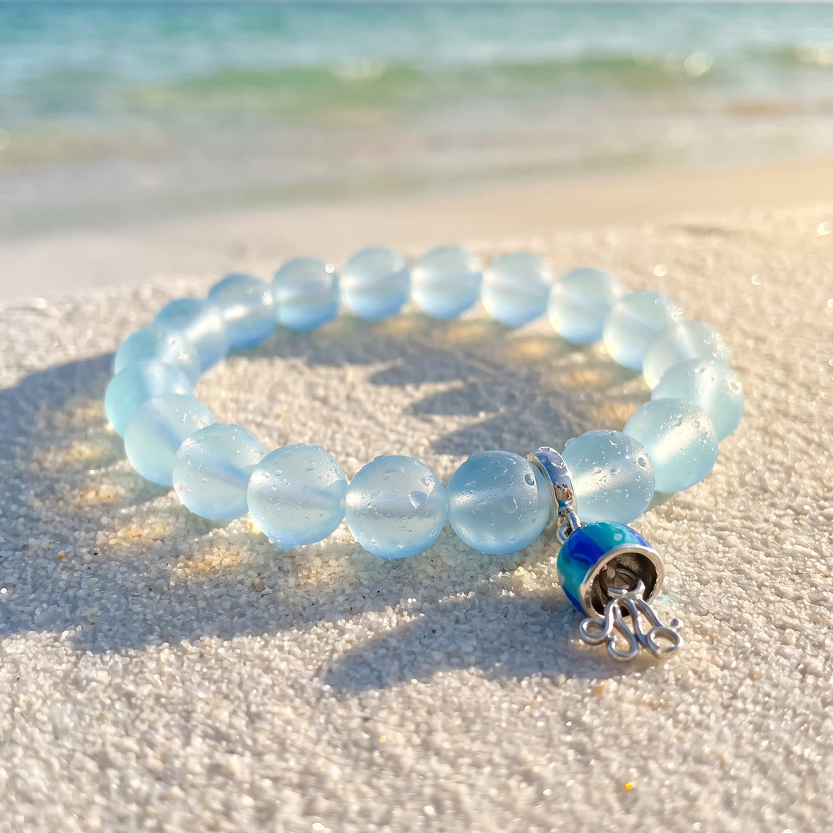 Save The Sea Light Blue Jellyfish Bracelet - Recycled 8mm Frosted Sea Glass Beads With Jellyfish Charm - image 6